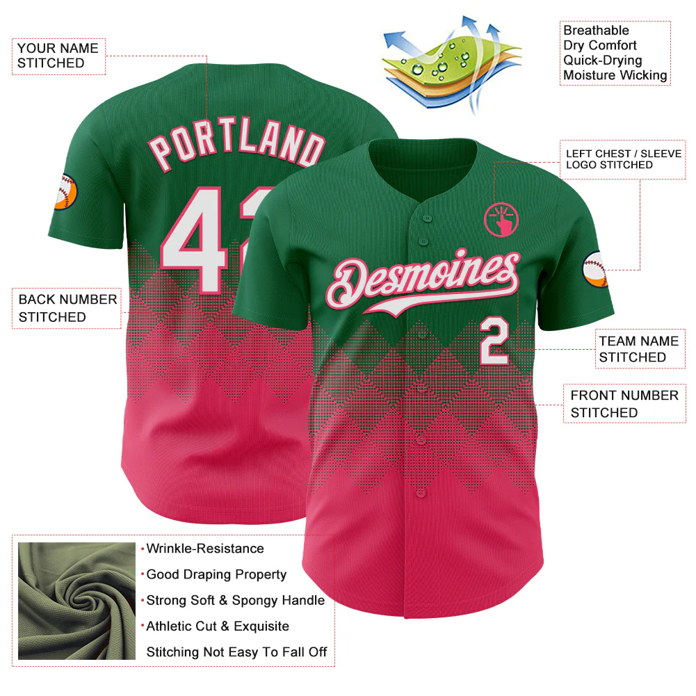 Custom Kelly Green White-Neon Pink 3D Gradient Square Shape Authentic Baseball Jersey - Image 3