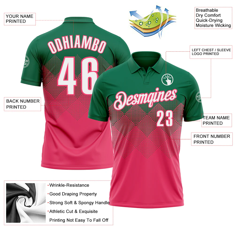 Custom Kelly Green White-Neon Pink 3D Gradient Square Shape Performance Polo Shirt - Image 3