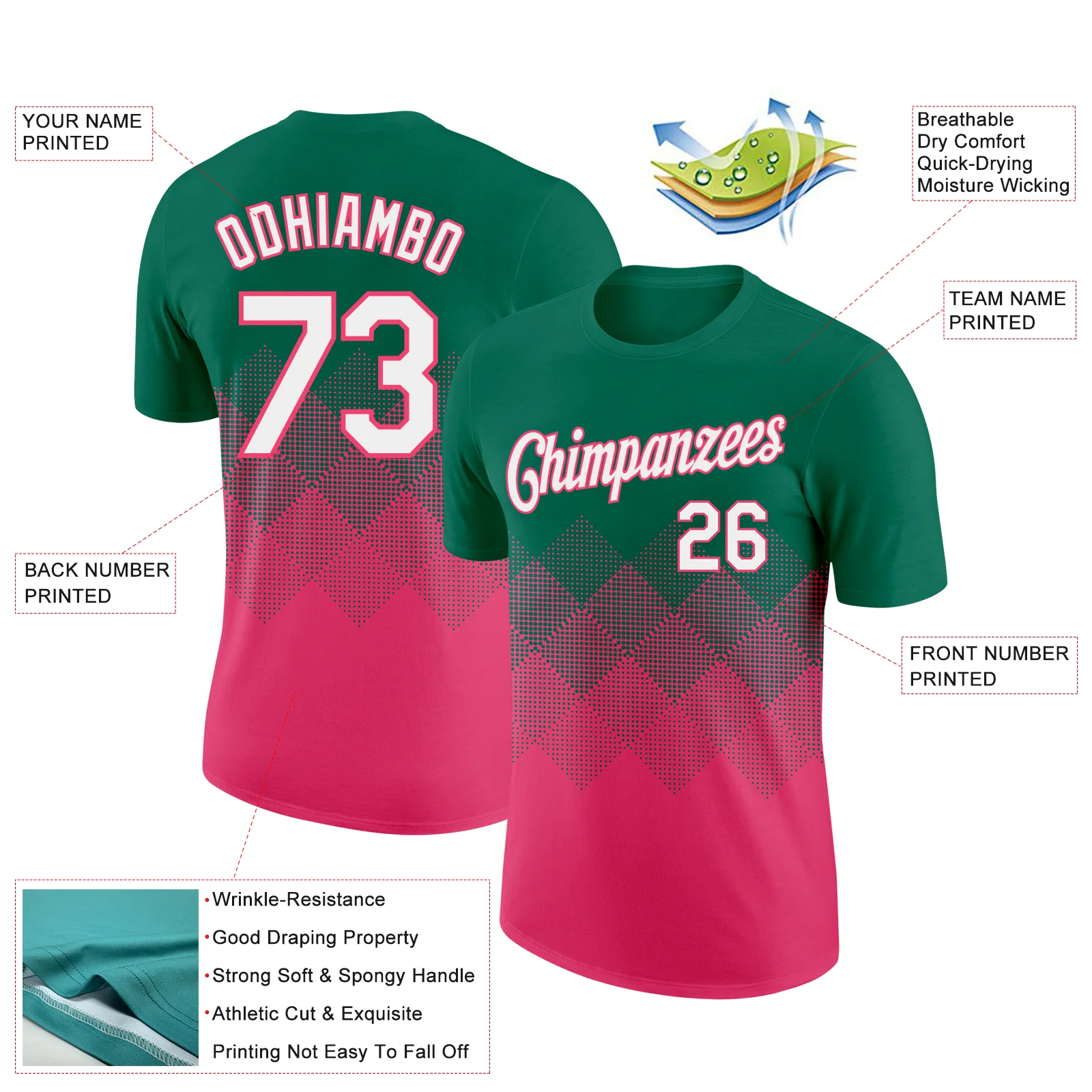 Custom Kelly Green White-Neon Pink 3D Pattern Design Gradient Square Shapes Performance T-Shirt - Image 2