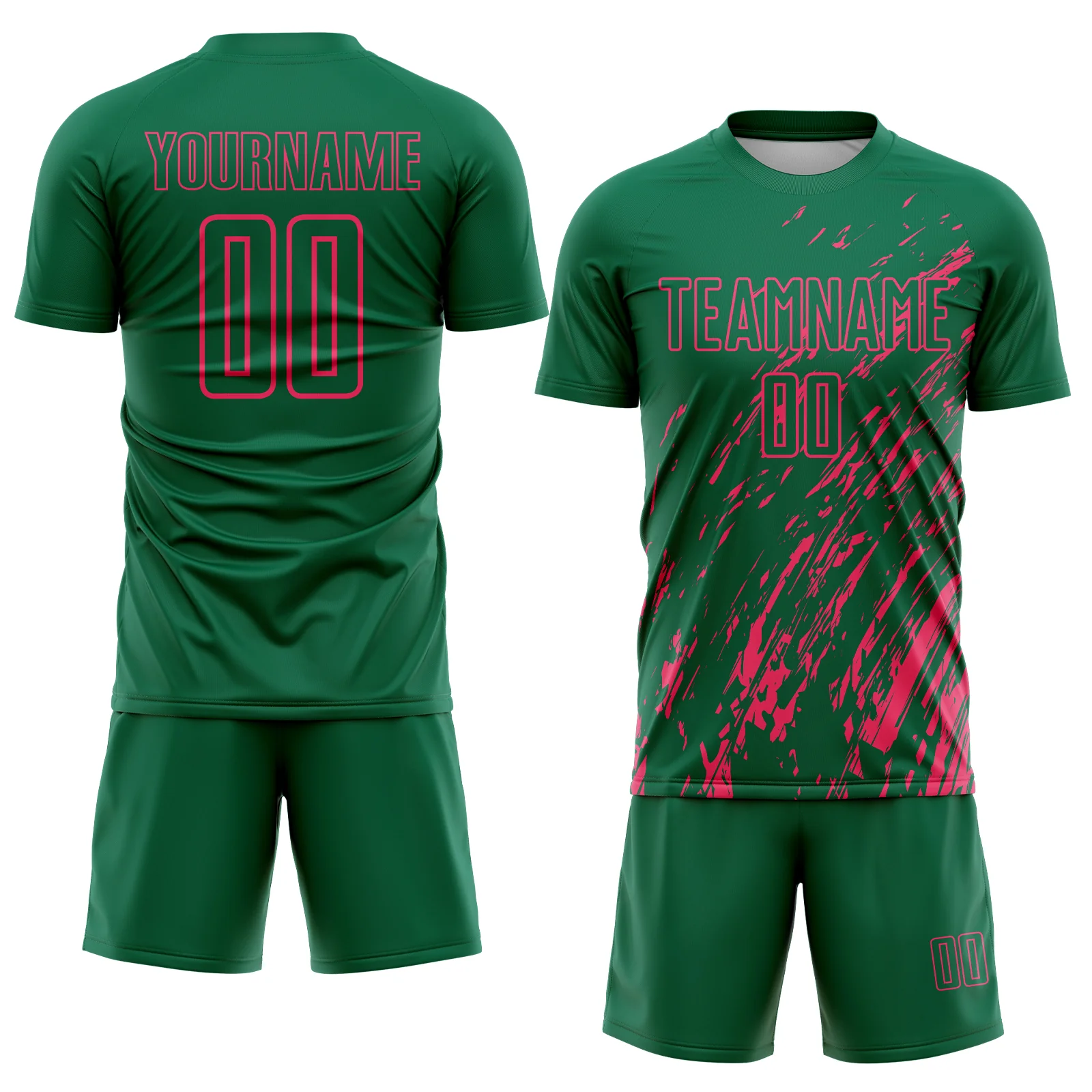 Custom Kelly Green Neon Pink Splash Sublimation Soccer Uniform Jersey - Image 2