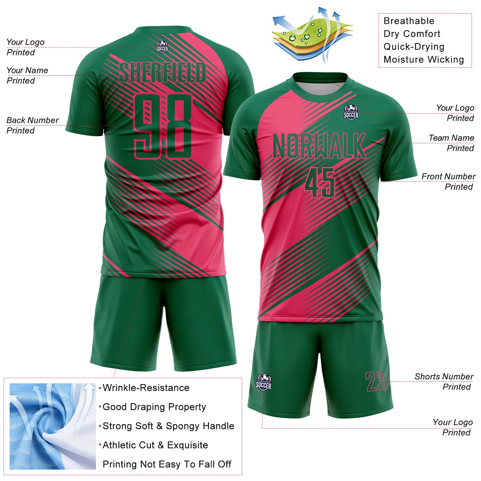 Custom Kelly Green Neon Pink Line Sublimation Soccer Uniform Jersey - Image 4