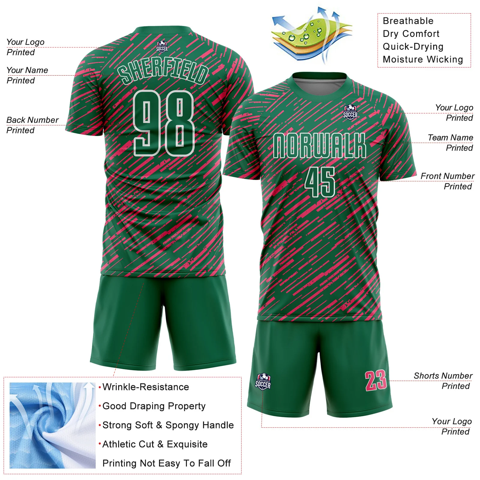 Custom Kelly Green Neon Pink-White Line Sports Sublimation Soccer Uniform Jersey - Image 4