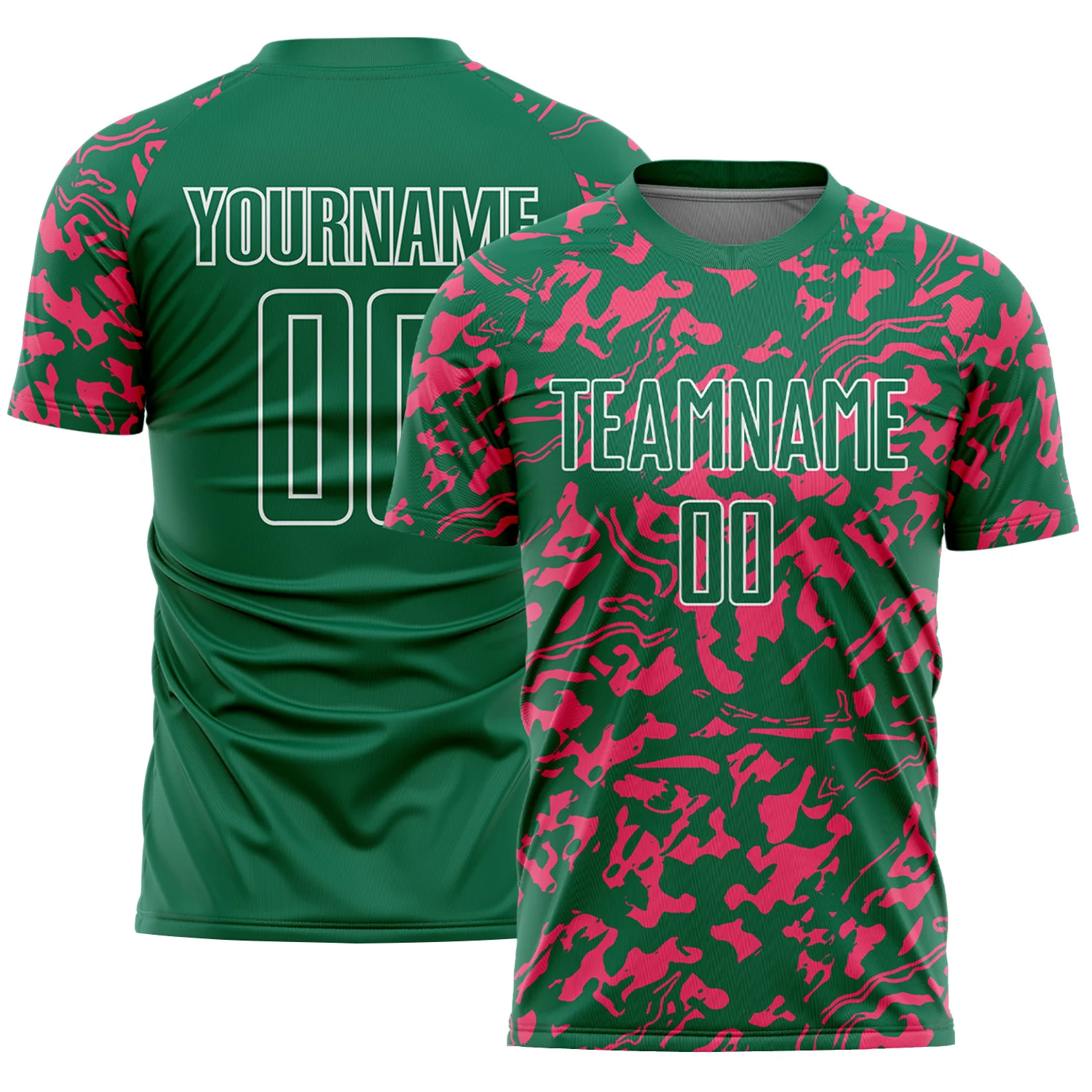 Custom Kelly Green Neon Pink-White Liquid Fluid Pattern Sports Sublimation Soccer Uniform Jersey