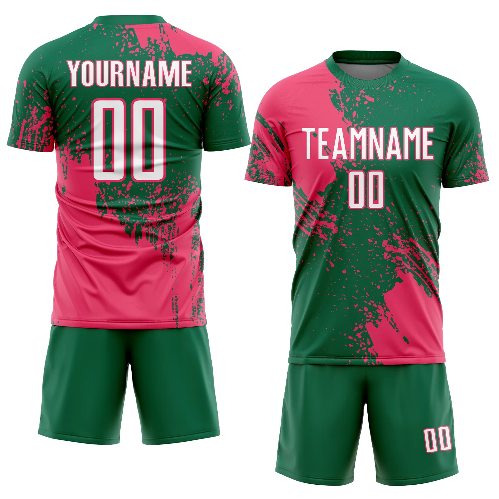 Custom Kelly Green White-Neon Pink Abstract Brush Stroke Sports Sublimation Soccer Uniform Jersey - Image 2