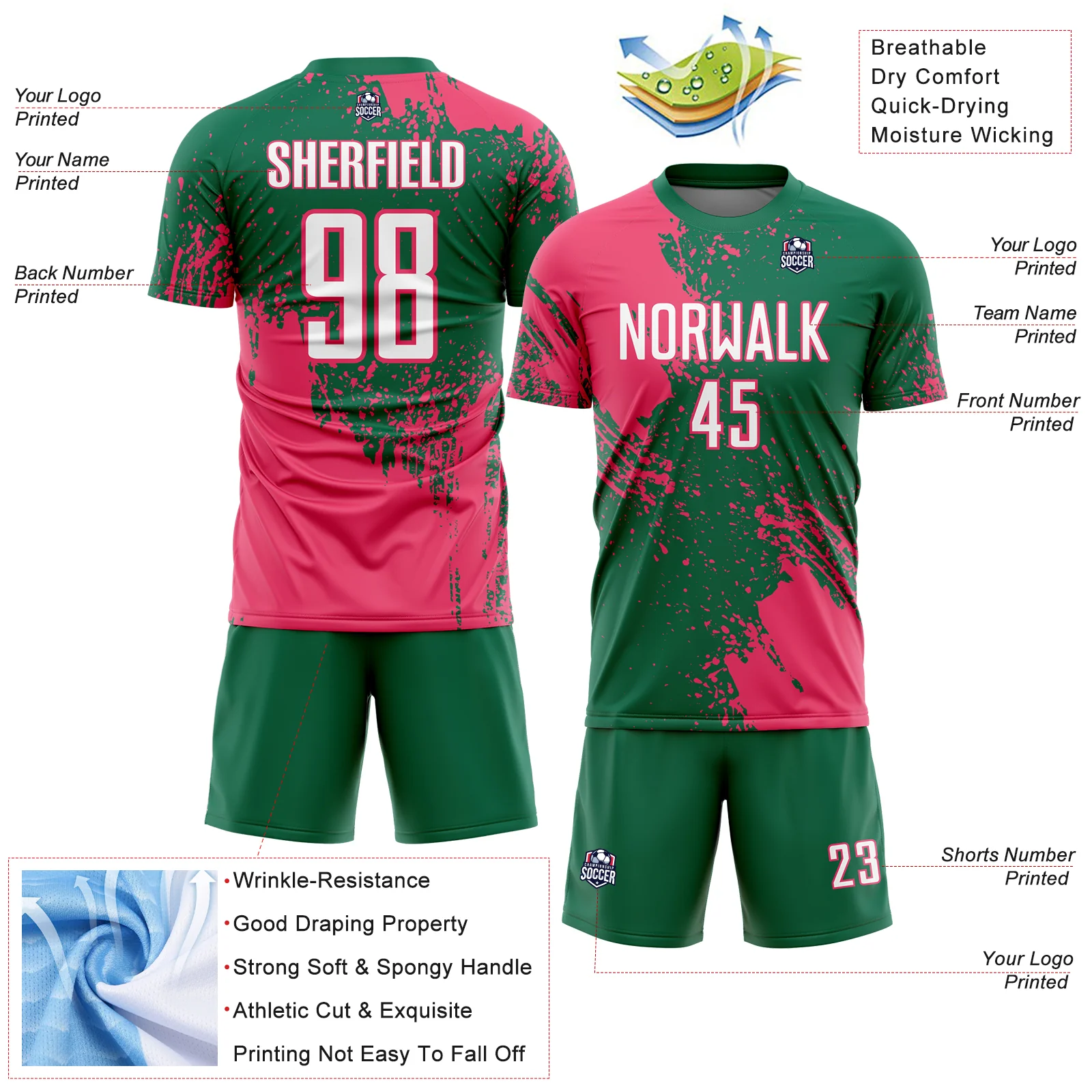 Custom Kelly Green White-Neon Pink Abstract Brush Stroke Sports Sublimation Soccer Uniform Jersey - Image 4