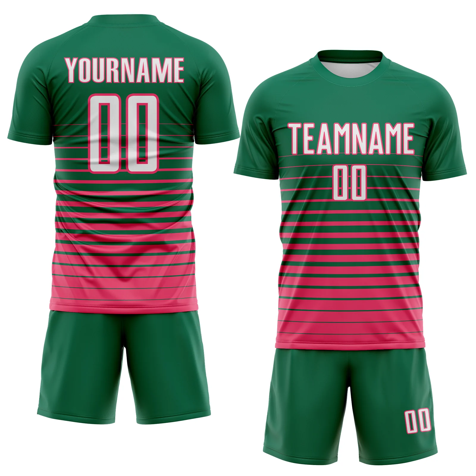 Custom Kelly Green White-Neon Pink Gradient Pinstripe Sublimation Soccer Uniform Jersey - Image 2