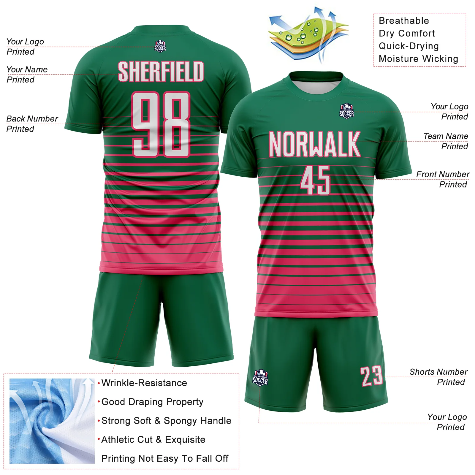 Custom Kelly Green White-Neon Pink Gradient Pinstripe Sublimation Soccer Uniform Jersey - Image 4