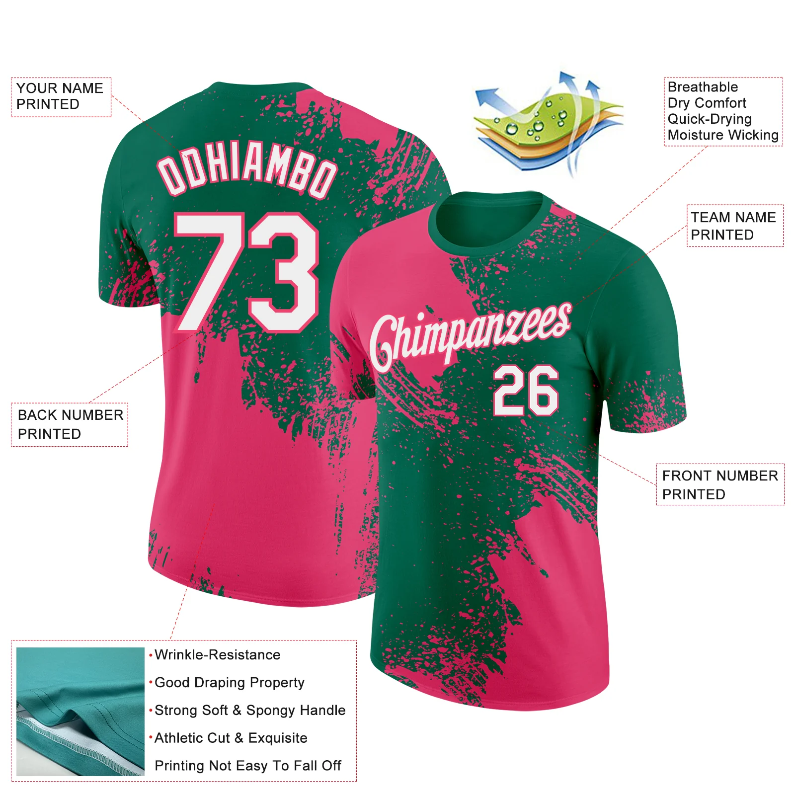 Custom Kelly Green White-Neon Pink 3D Pattern Design Abstract Brush Stroke Performance T-Shirt - Image 2