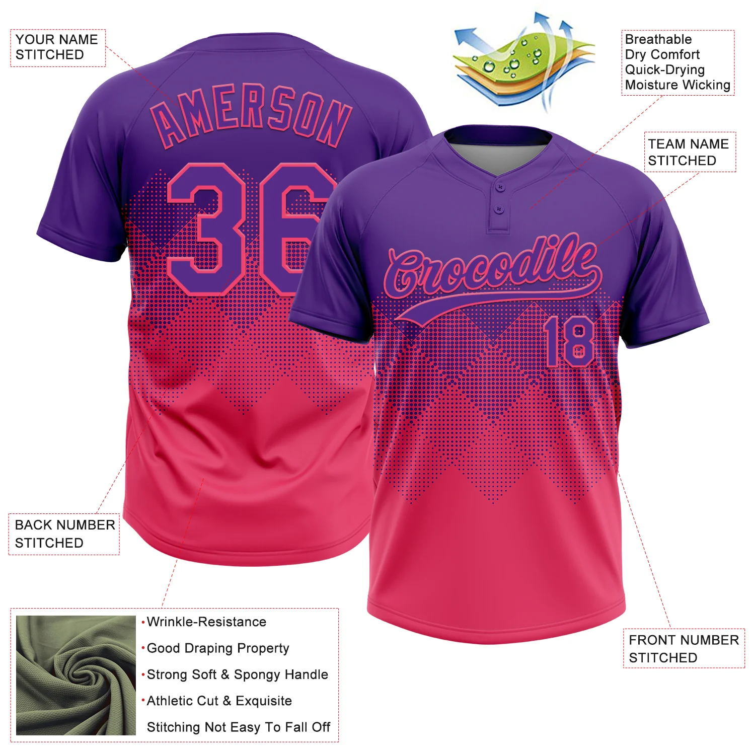 Custom Purple Neon Pink 3D Gradient Square Shape Two-Button Unisex Softball Jersey - Image 3