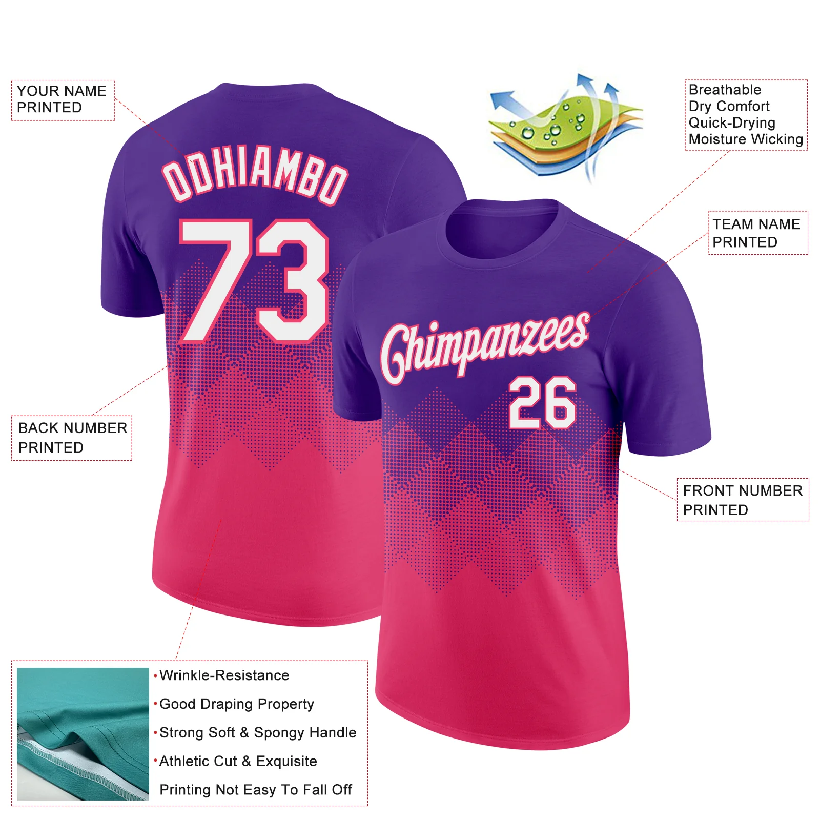 Custom Purple White-Neon Pink 3D Pattern Design Gradient Square Shapes Performance T-Shirt - Image 2