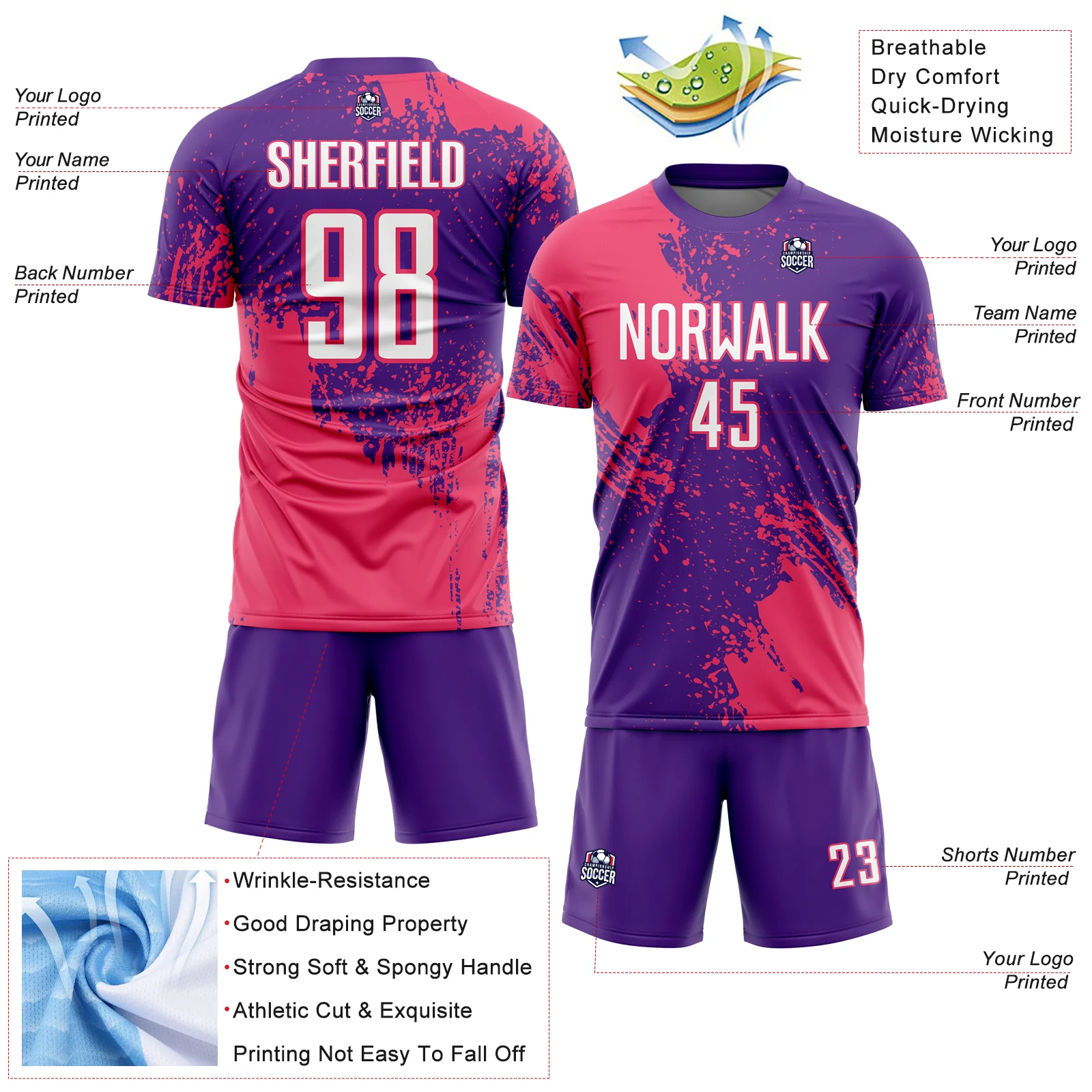 Custom Purple White-Neon Pink Abstract Brush Stroke Sports Sublimation Soccer Uniform Jersey - Image 4