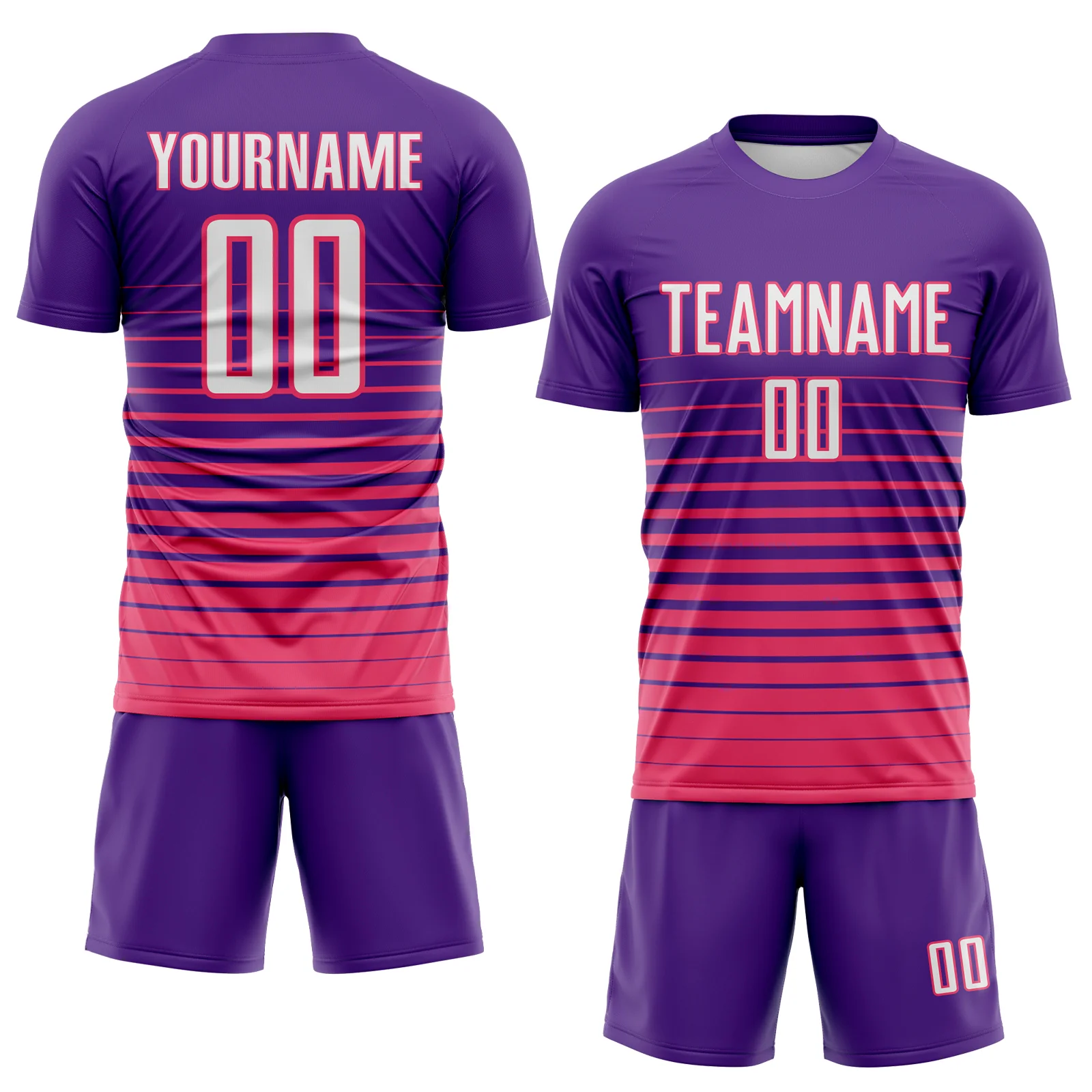 Custom Purple White-Neon Pink Gradient Pinstripe Sublimation Soccer Uniform Jersey - Image 2
