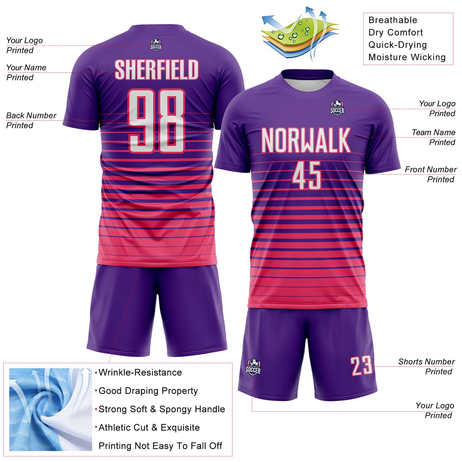 Custom Purple White-Neon Pink Gradient Pinstripe Sublimation Soccer Uniform Jersey - Image 4