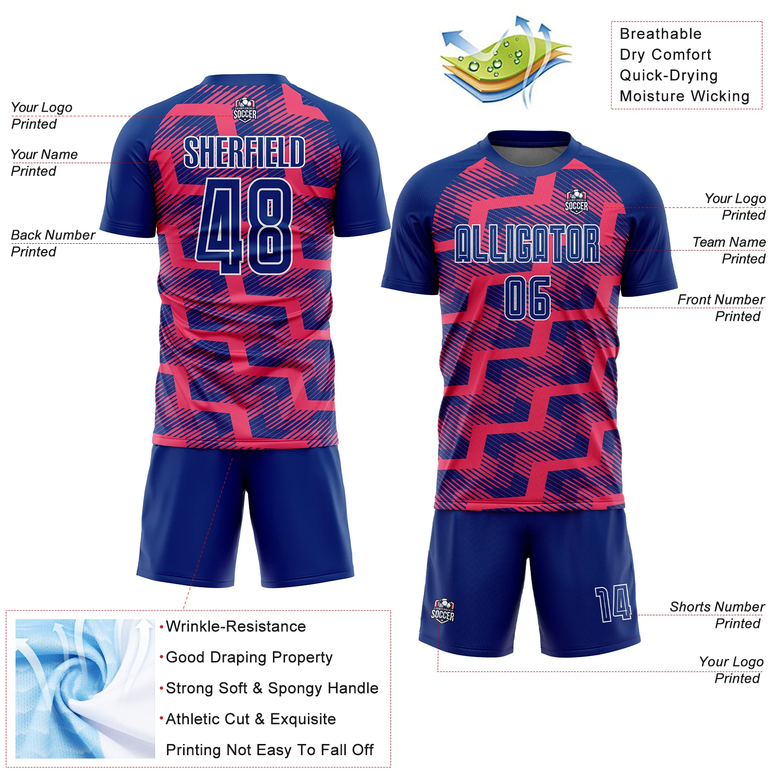 Custom Royal Neon Pink-White Line Sublimation Soccer Uniform Jersey - Image 4