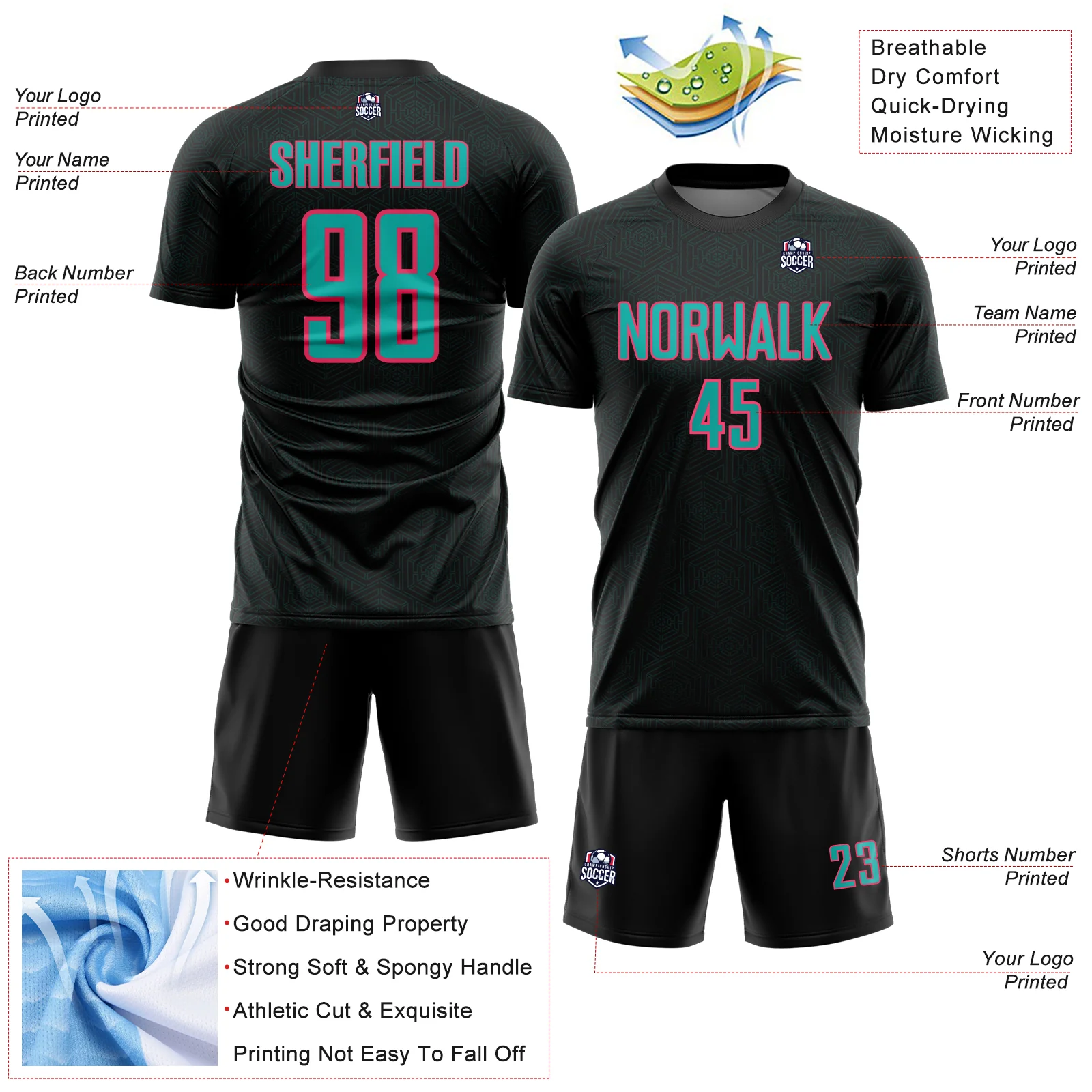 Custom Black Aqua-Neon Pink Geometric Shape Sports Sublimation Soccer Uniform Jersey - Image 4