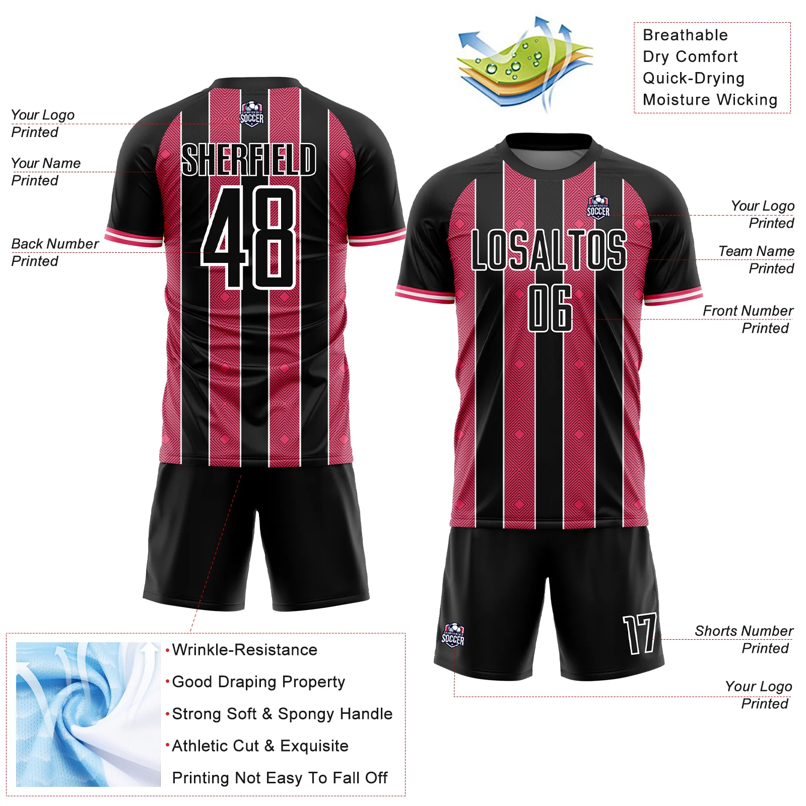 Custom Black Neon Pink-White Pinstripe Line Sports Sublimation Soccer Uniform Jersey - Image 4
