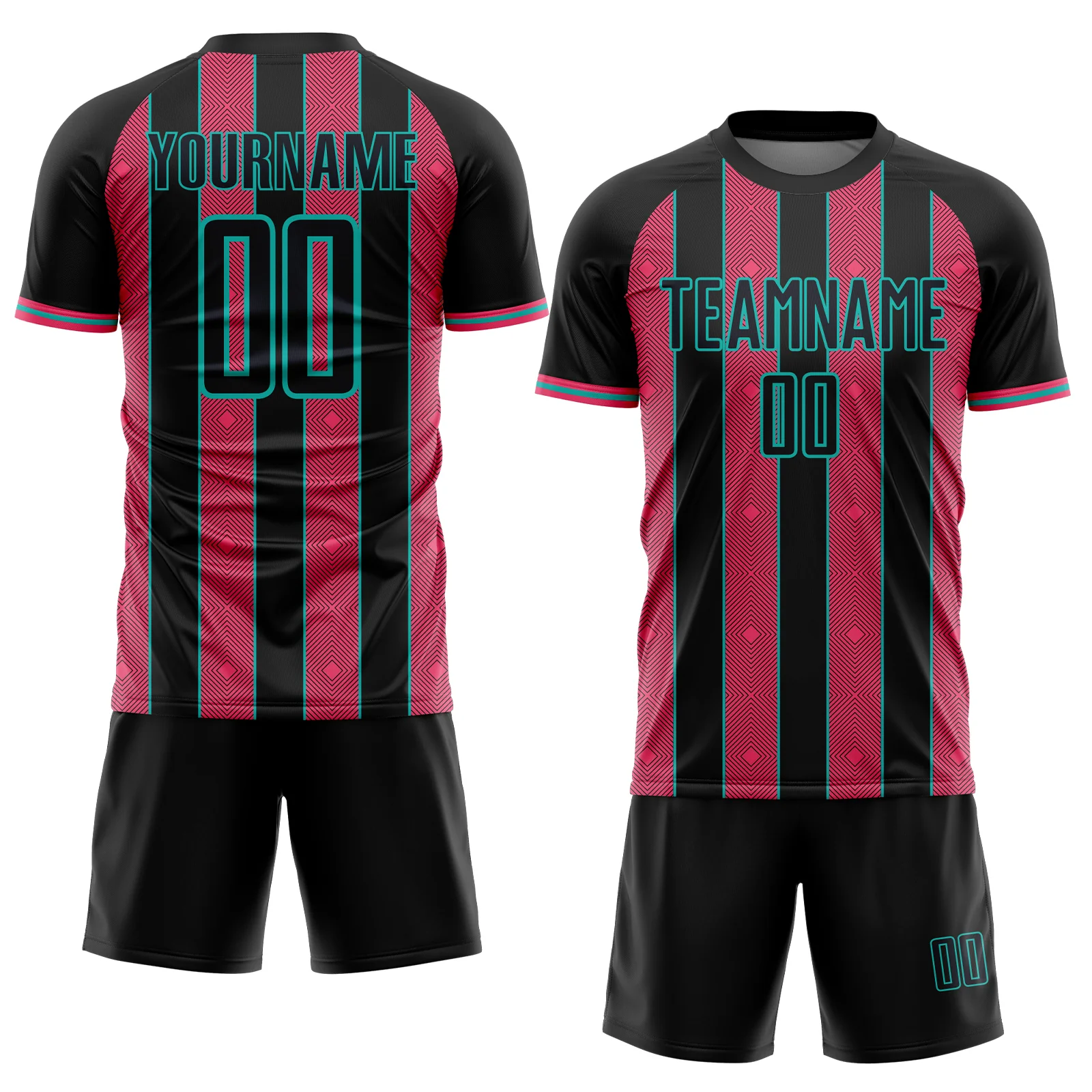 Custom Black Neon Pink-Aqua Pinstripe Line Sports Sublimation Soccer Uniform Jersey - Image 2