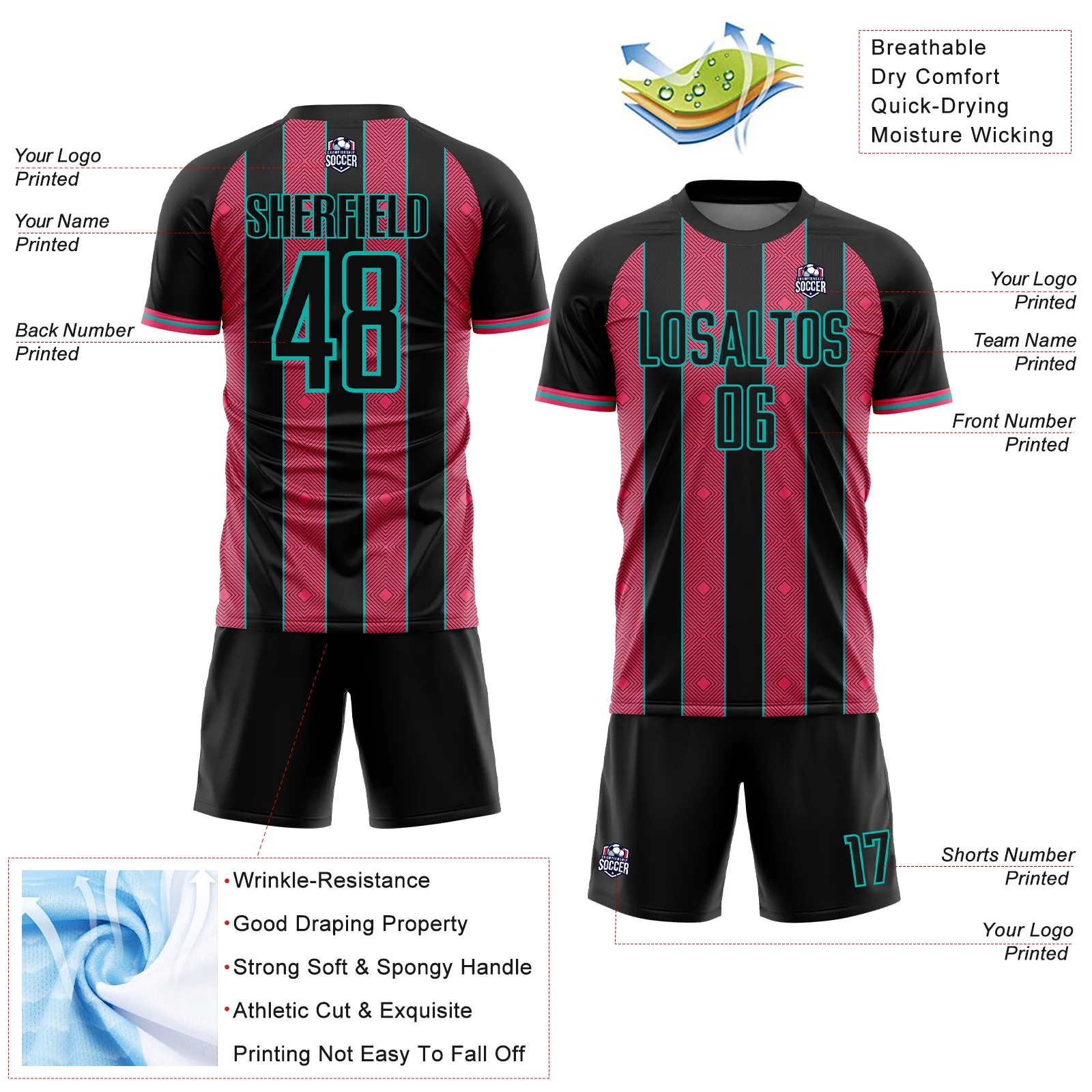 Custom Black Neon Pink-Aqua Pinstripe Line Sports Sublimation Soccer Uniform Jersey - Image 4