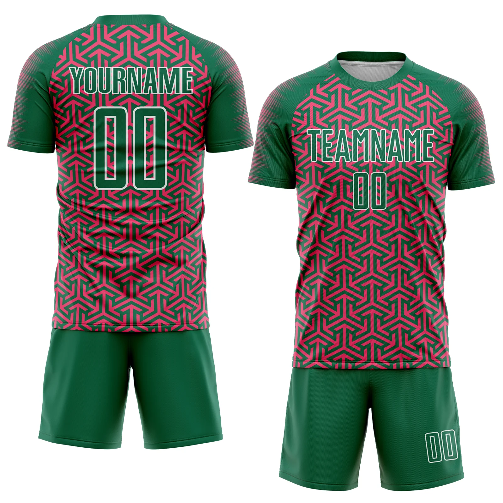Custom Kelly Green Neon Pink-White Geometric Arrow Sublimation Soccer Uniform Jersey - Image 2