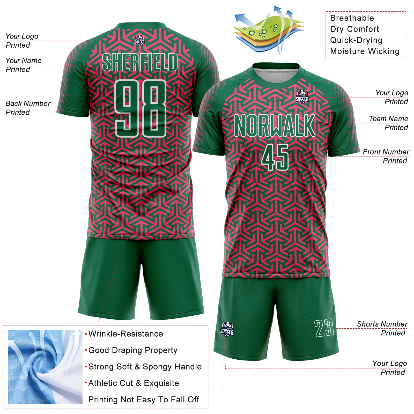 Custom Kelly Green Neon Pink-White Geometric Arrow Sublimation Soccer Uniform Jersey - Image 4
