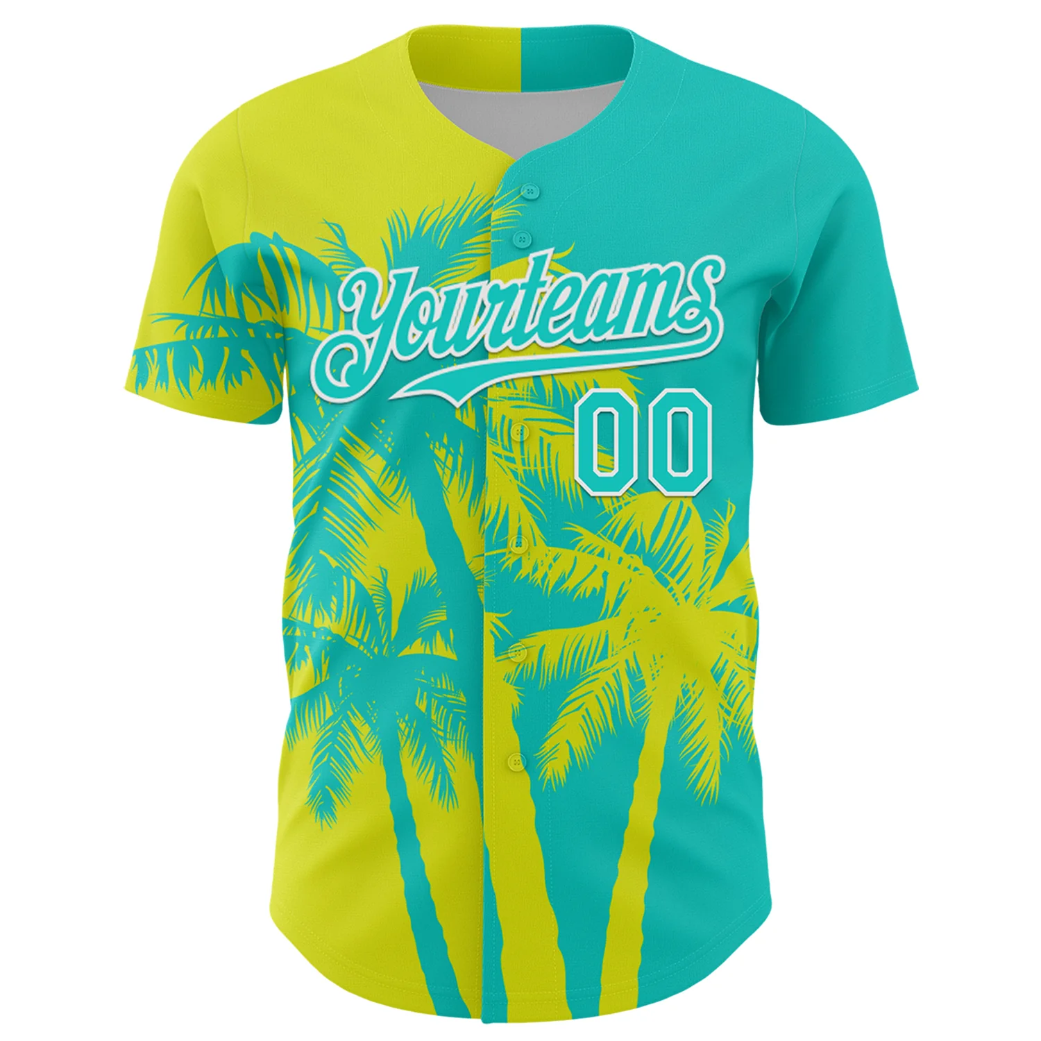 Custom Aqua Neon Yellow-White Hawaii Palm Trees Tropical Coconut Authentic Baseball Jersey - Image 2