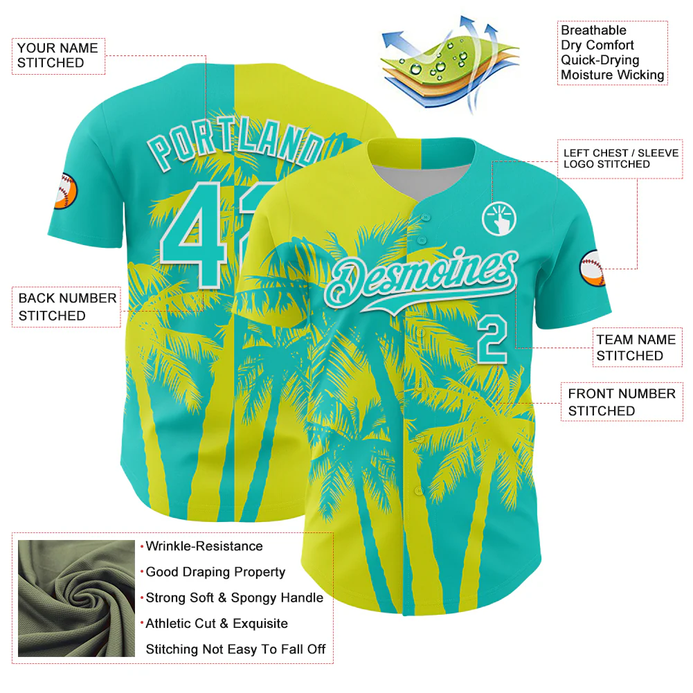 Custom Aqua Neon Yellow-White Hawaii Palm Trees Tropical Coconut Authentic Baseball Jersey - Image 3