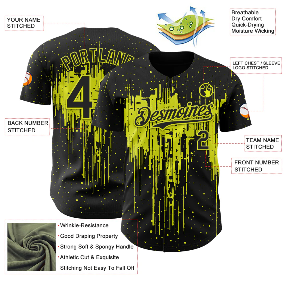 Custom Black Neon Yellow Dripping Splatter Paint Authentic Baseball Jersey - Image 3