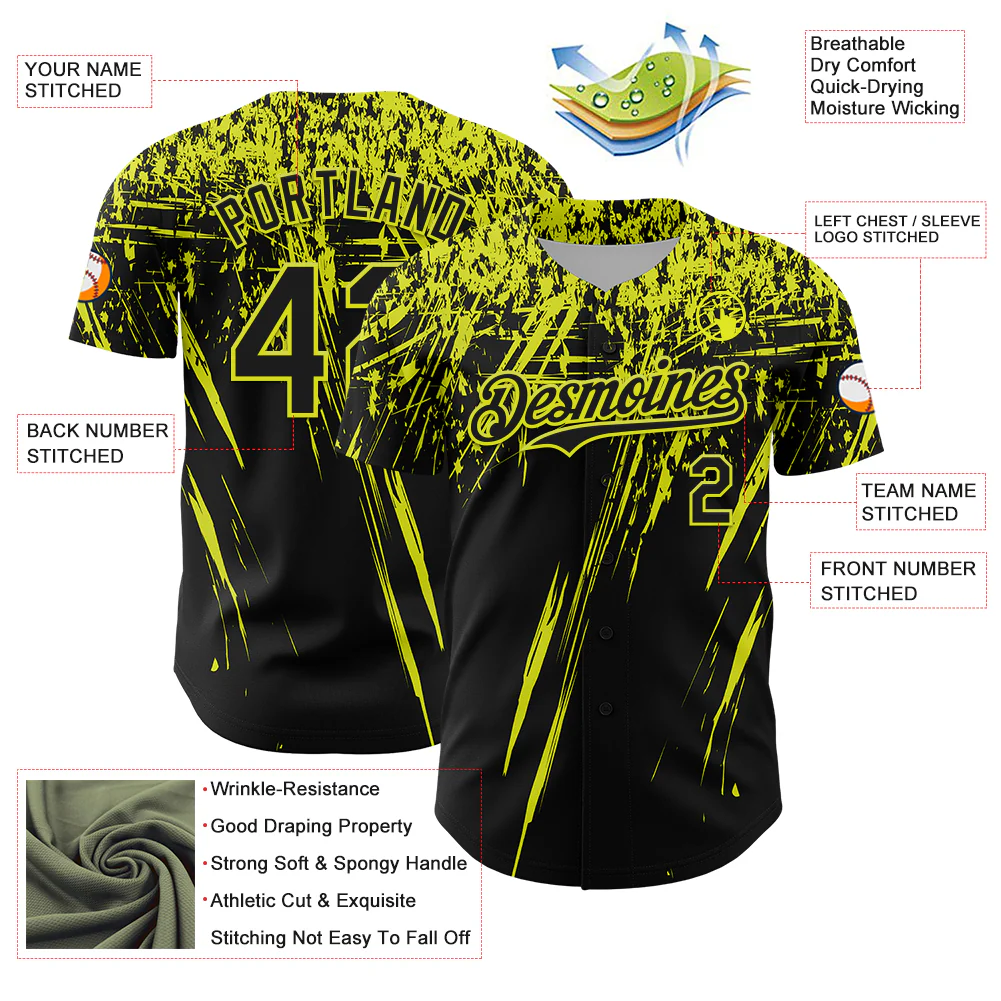 Custom Black Neon Yellow Distressed Scratch Brush Stroke Authentic Baseball Jersey - Image 3