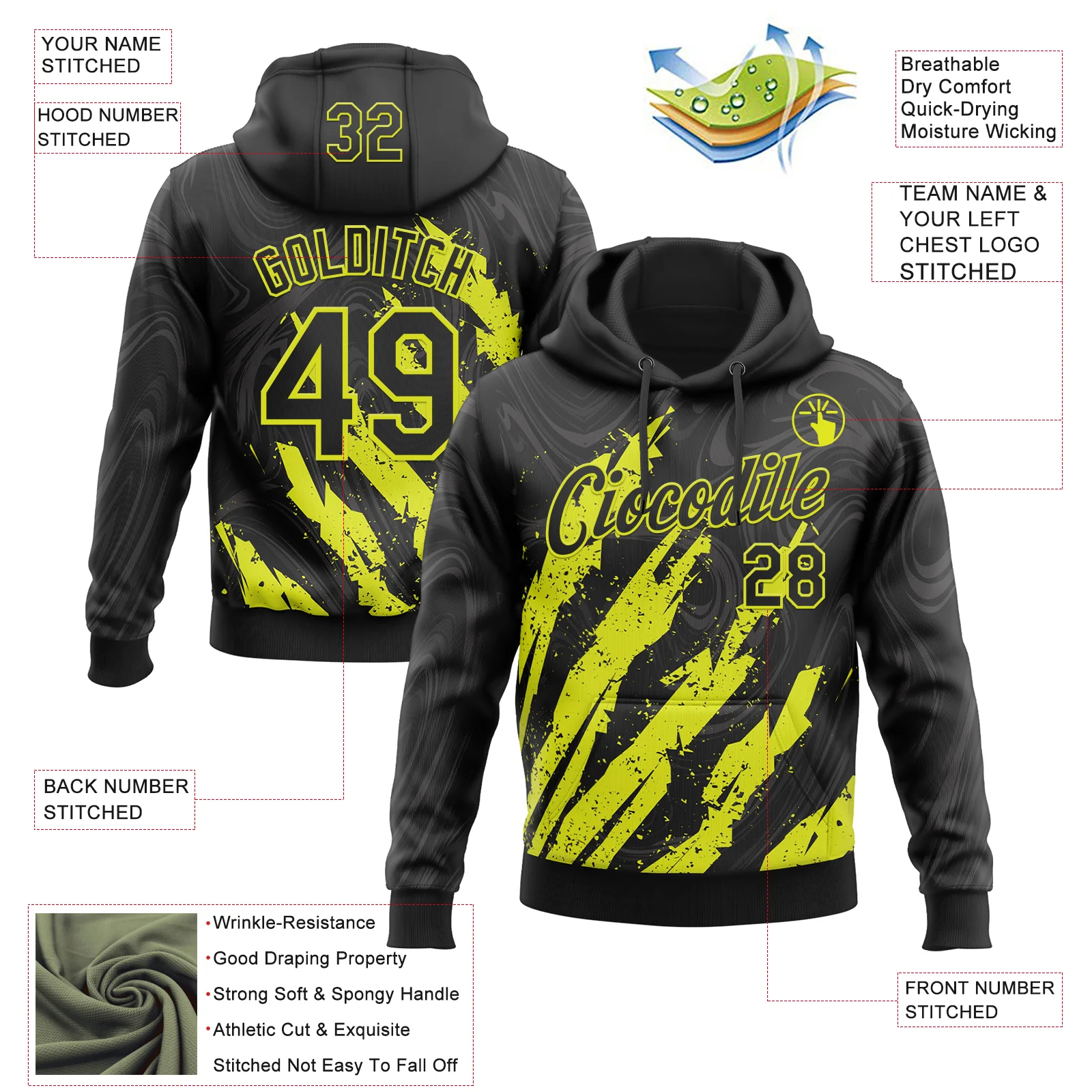 Custom Stitched Black Neon Yellow Splash Sports Pullover Sweatshirt Hoodie - Image 4