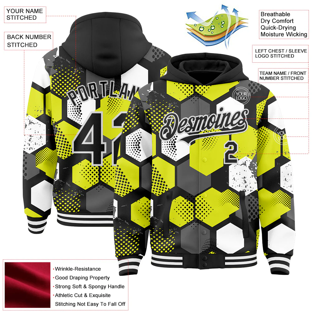 Custom Black Neon Yellow-White Geometric Shape Bomber Full-Snap Varsity Letterman Hoodie Jacket - Image 4