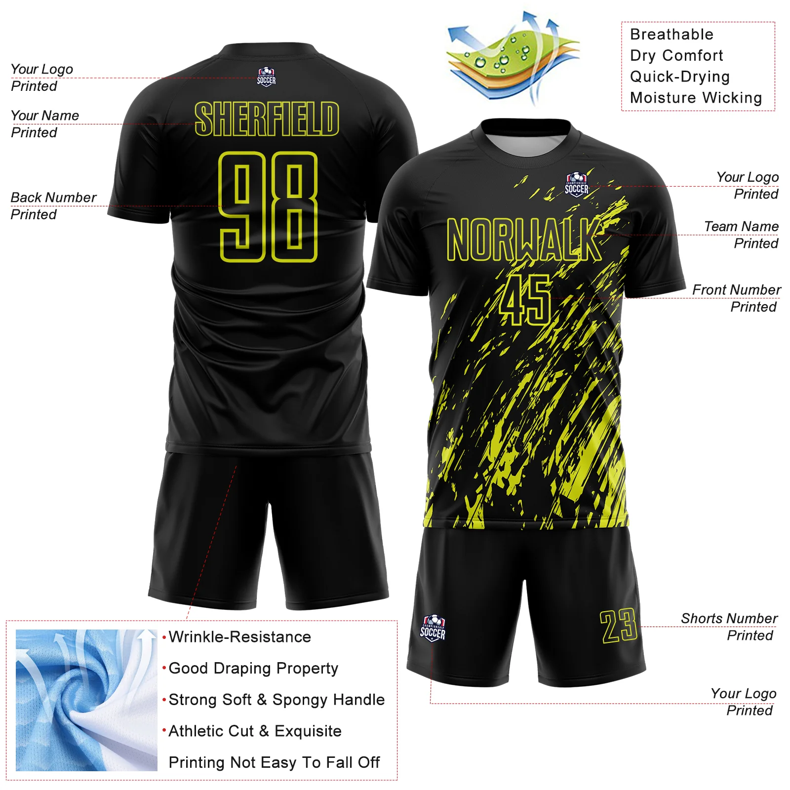 Custom Black Neon Yellow Splash Sublimation Soccer Uniform Jersey - Image 4