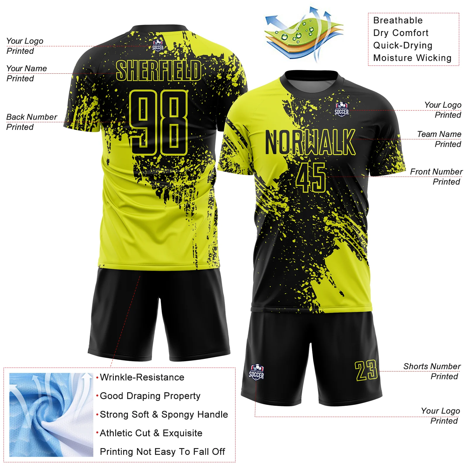 Custom Black Neon Yellow Abstract Brush Stroke Sports Sublimation Soccer Uniform Jersey - Image 4