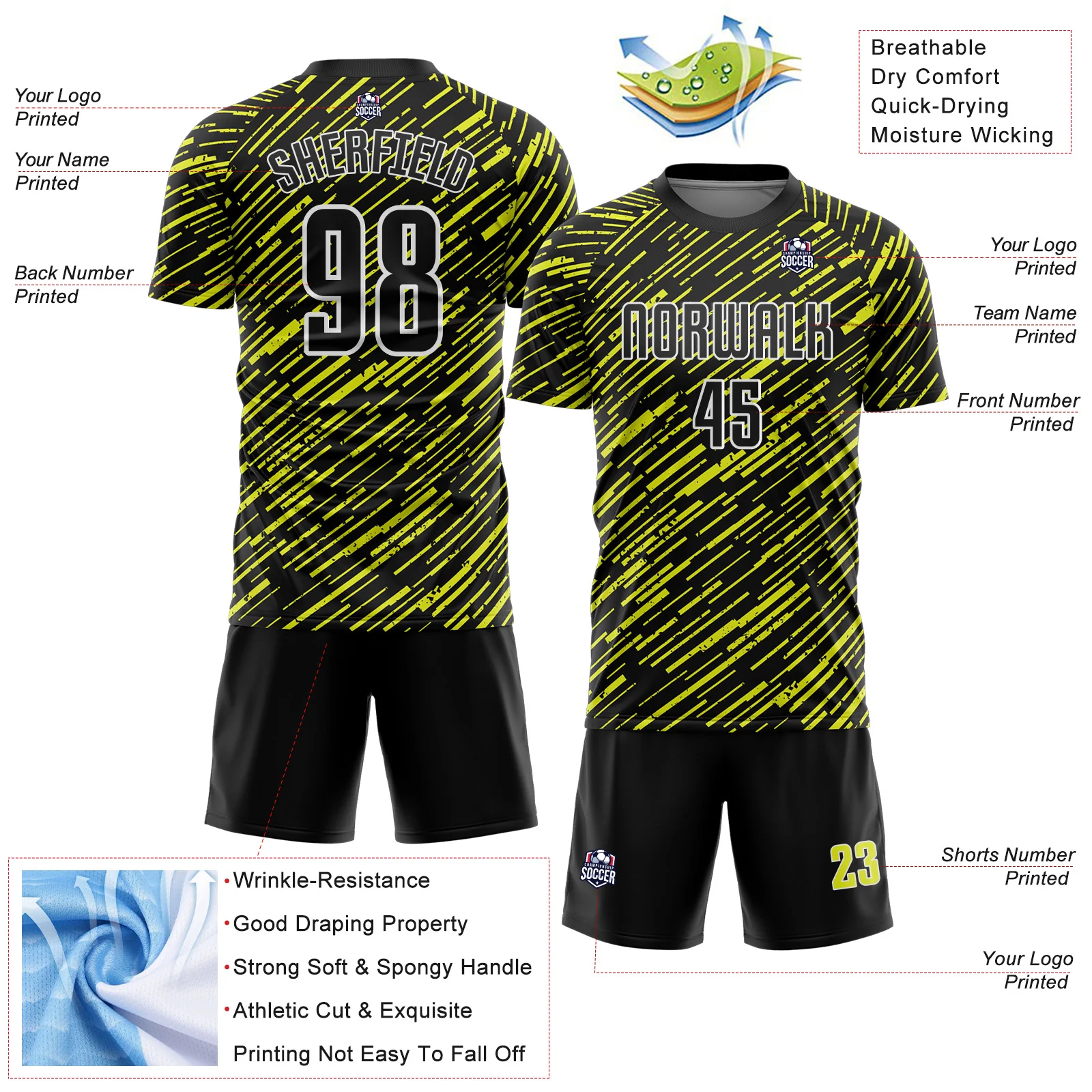 Custom Black Neon Yellow-White Line Sports Sublimation Soccer Uniform Jersey - Image 4