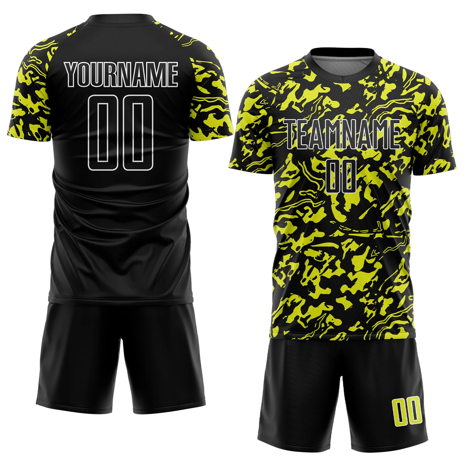 Custom Black Neon Yellow-White Liquid Fluid Pattern Sports Sublimation Soccer Uniform Jersey - Image 2