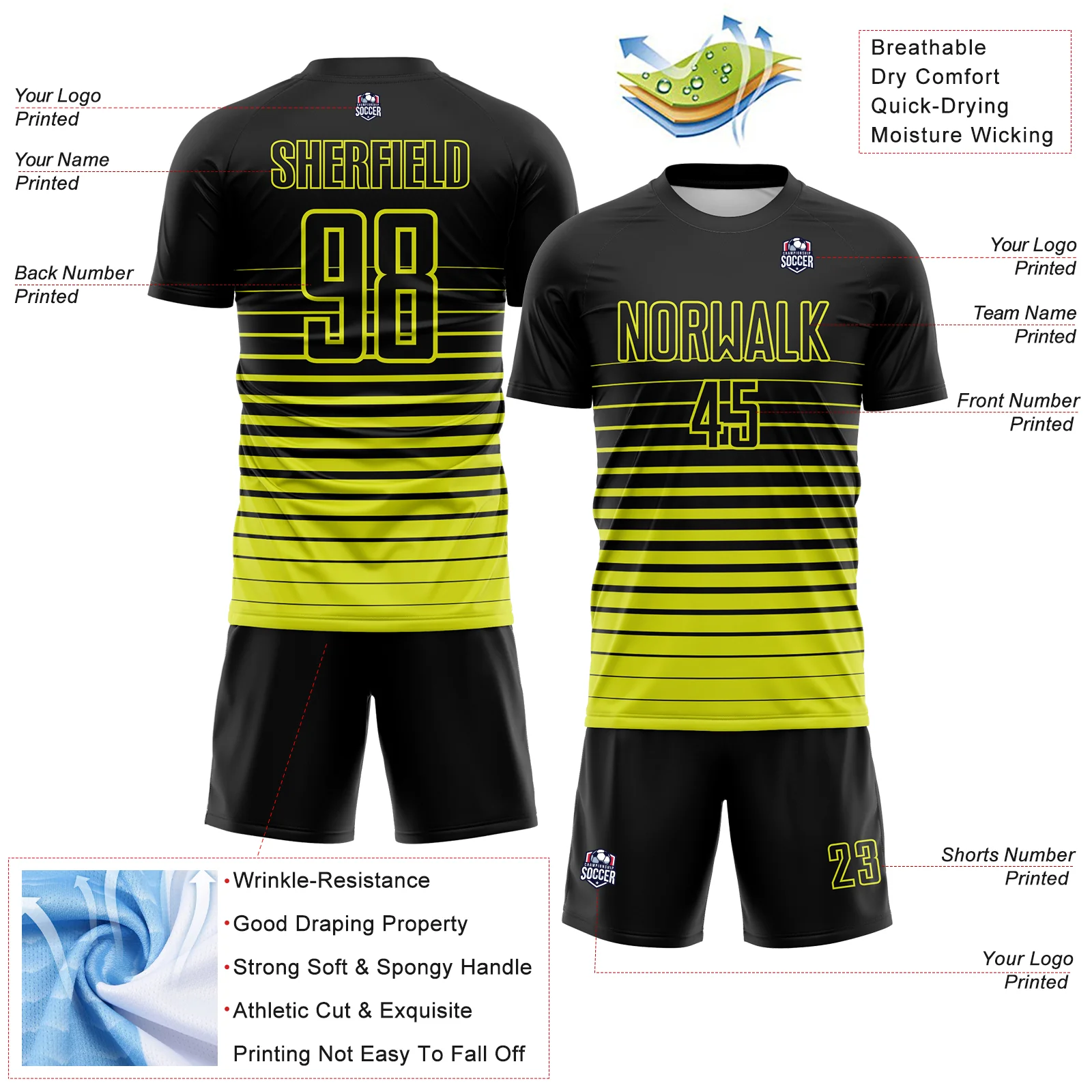 Custom Black Neon Yellow Gradient Pinstripe Sublimation Soccer Uniform Jersey - Image 4
