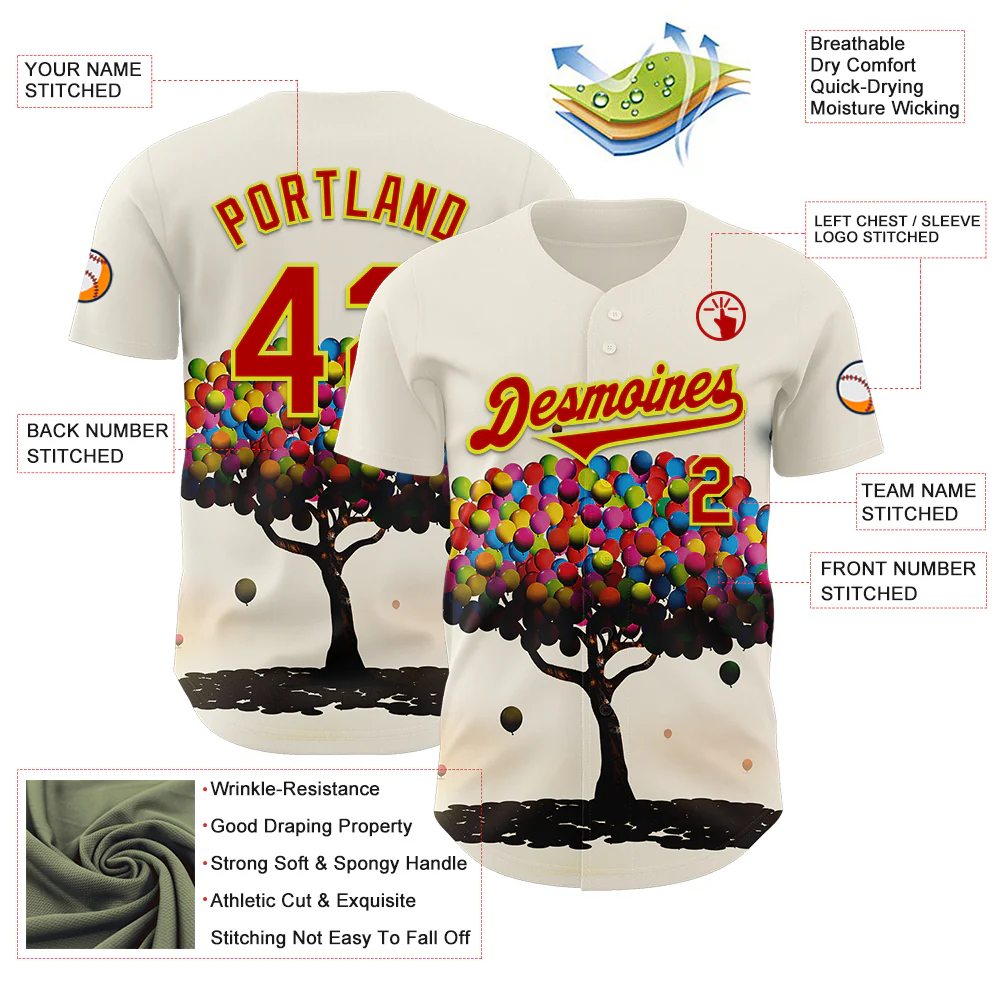 Custom Cream Red-Neon Yellow 3D Marcel Caram Balloon Tree Authentic Baseball Jersey - Image 3