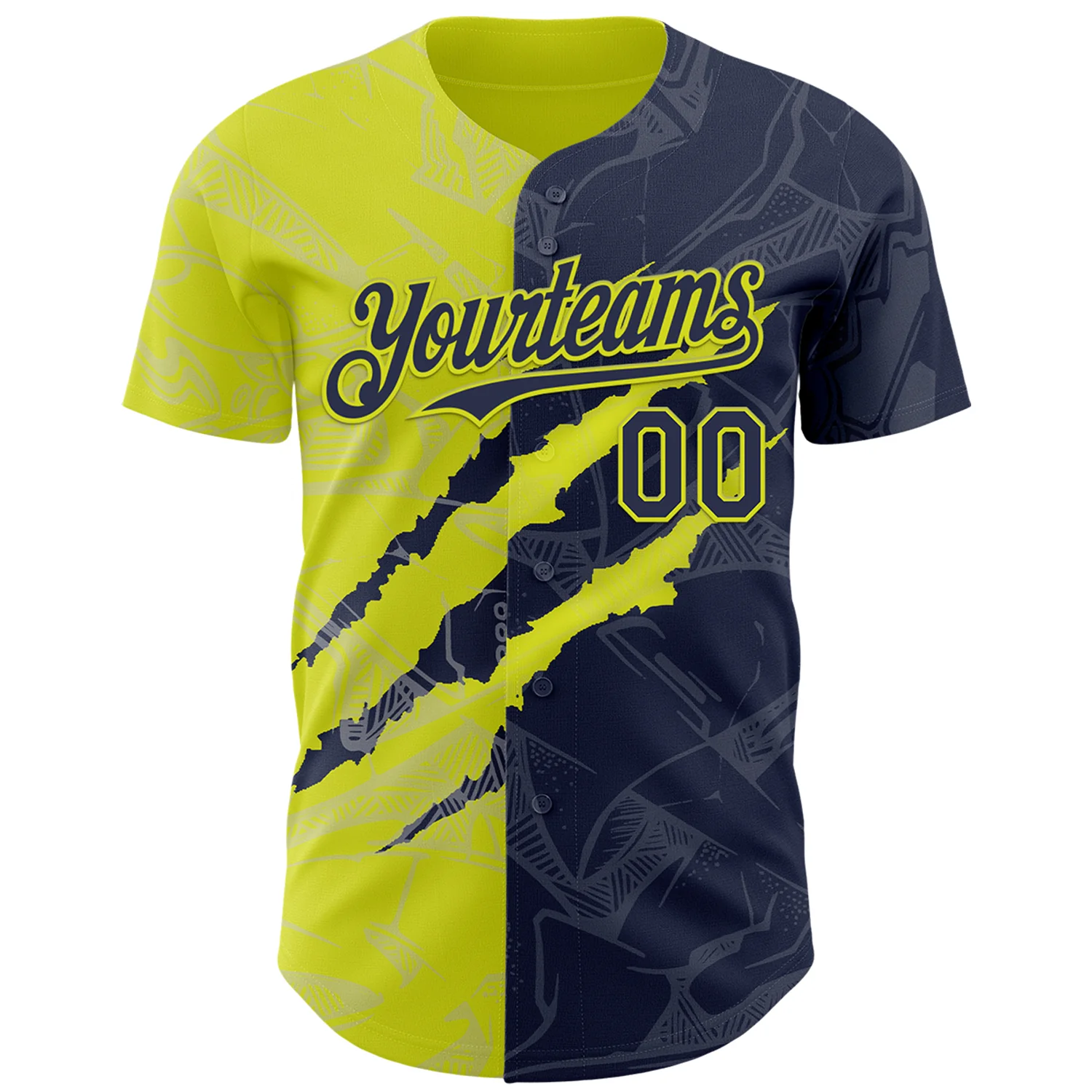 Custom Graffiti Pattern Navy-Neon Yellow 3D Scratch Authentic Baseball Jersey - Image 2