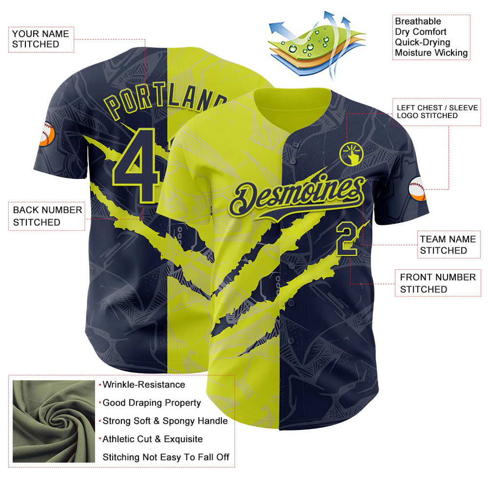 Custom Graffiti Pattern Navy-Neon Yellow 3D Scratch Authentic Baseball Jersey - Image 3
