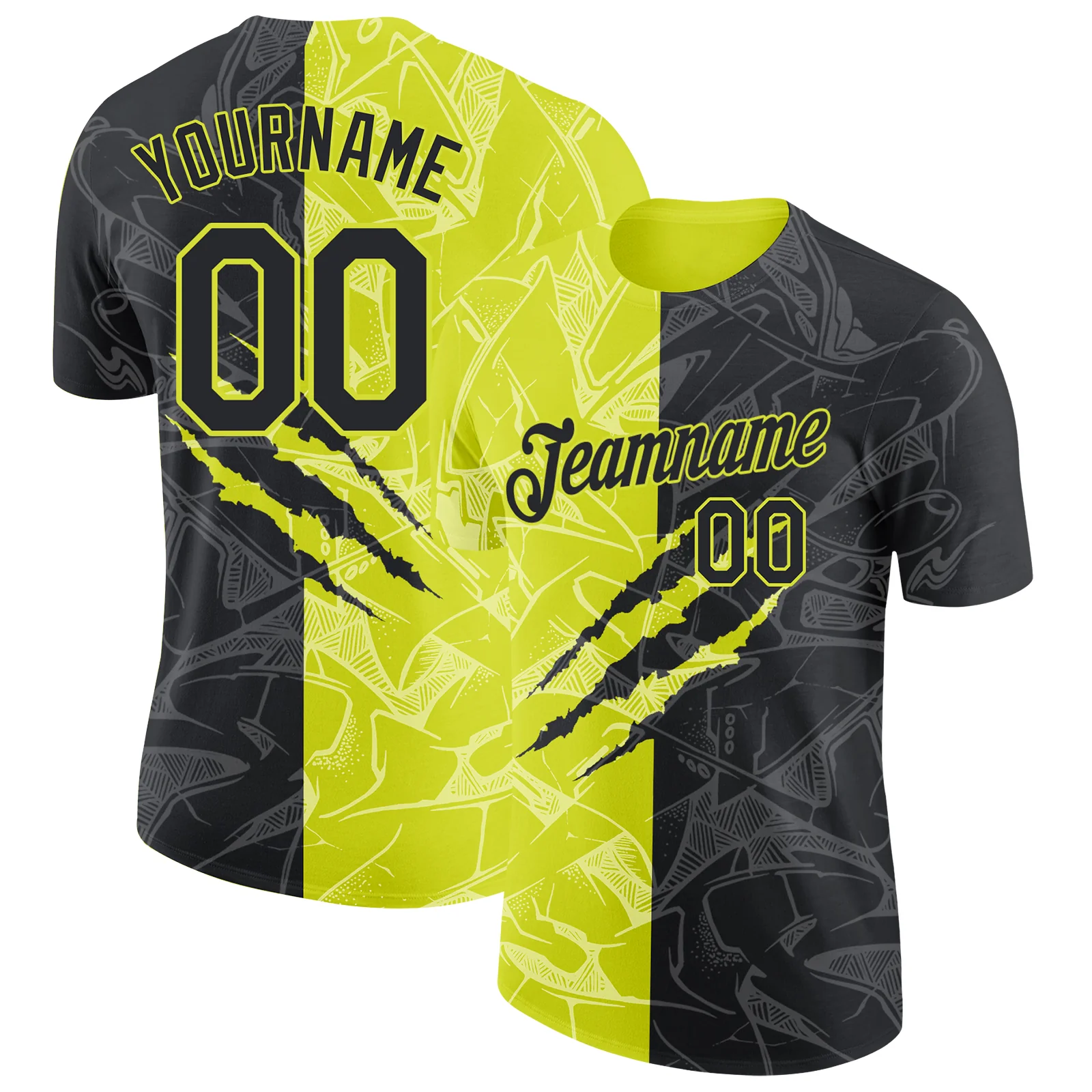 Custom Graffiti Pattern Black-Neon Yellow Scratch 3D Performance T-Shirt