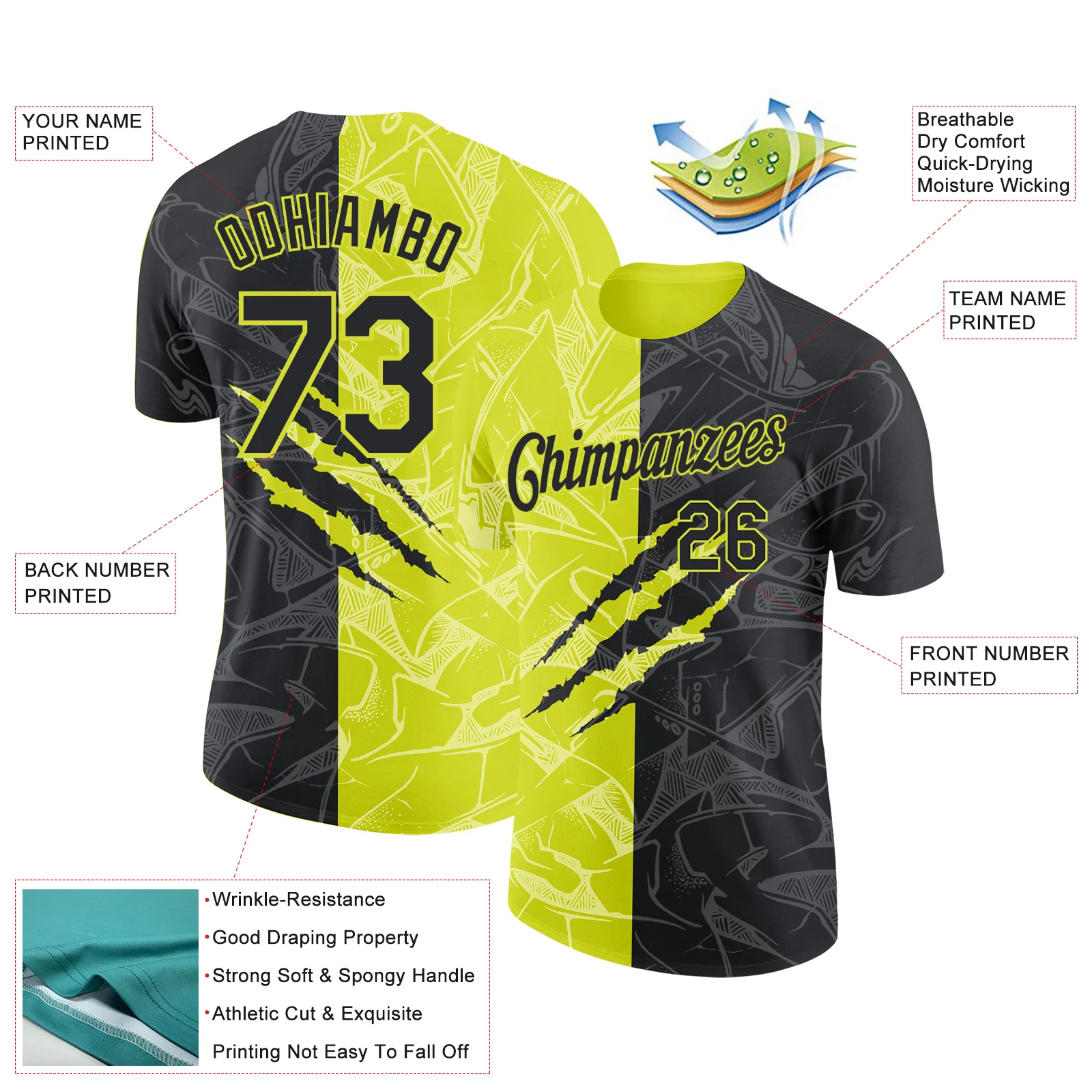 Custom Graffiti Pattern Black-Neon Yellow Scratch 3D Performance T-Shirt - Image 2