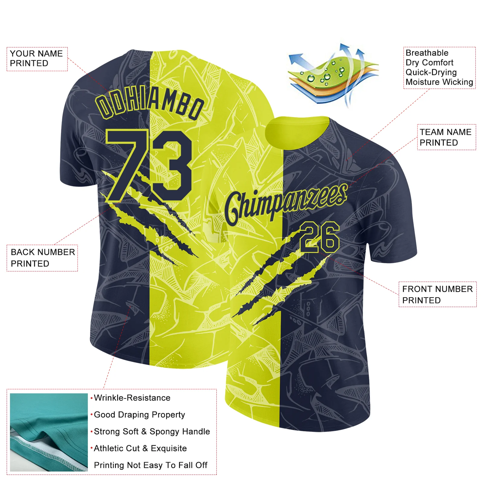 Custom Graffiti Pattern Navy-Neon Yellow Scratch 3D Performance T-Shirt - Image 2