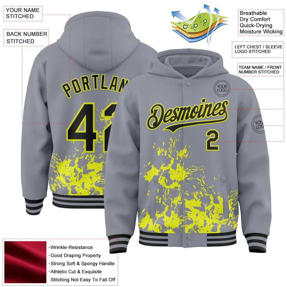 Custom Gray Black-Neon Yellow Splash Art 3D Pattern Design Bomber Full-Snap Varsity Letterman Hoodie Jacket - Image 4