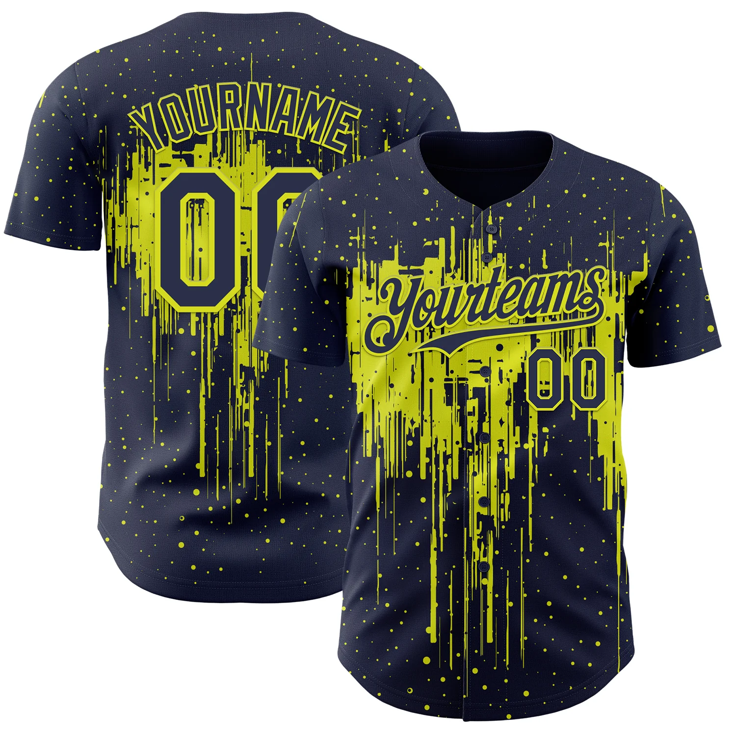 Custom Navy Neon Yellow Dripping Splatter Paint Authentic Baseball Jersey