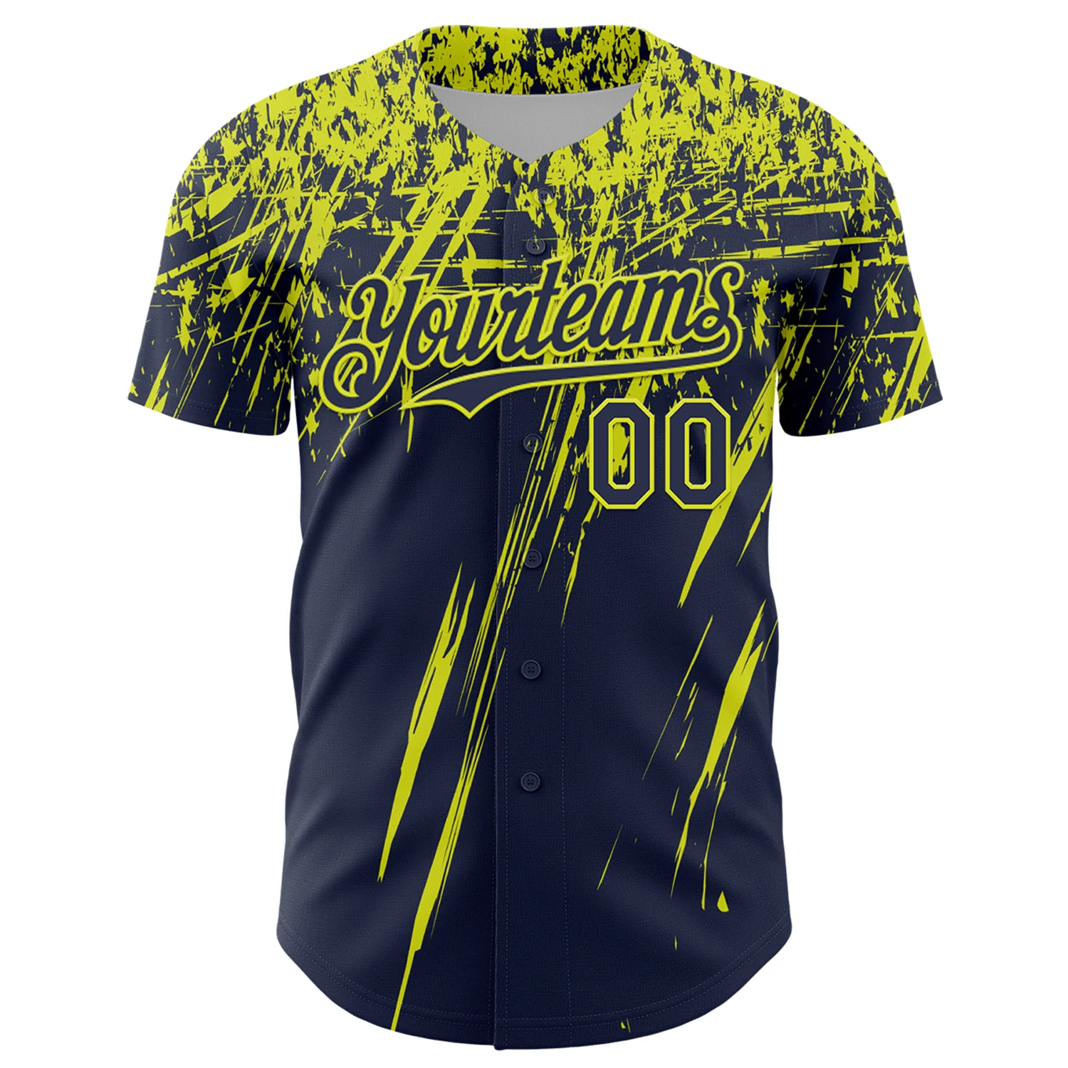 Custom Navy Neon Yellow Distressed Scratch Brush Stroke Authentic Baseball Jersey - Image 2