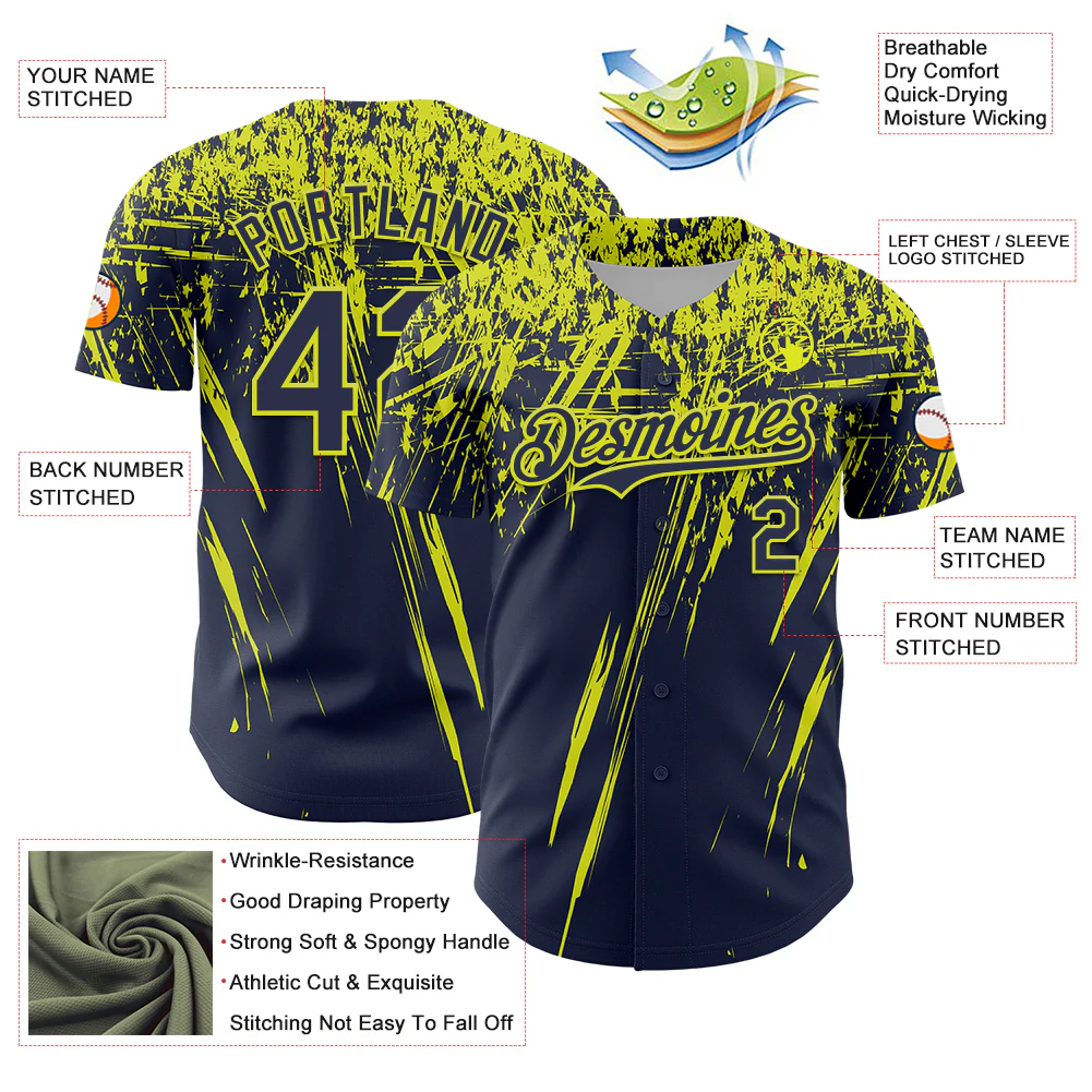 Custom Navy Neon Yellow Distressed Scratch Brush Stroke Authentic Baseball Jersey - Image 3