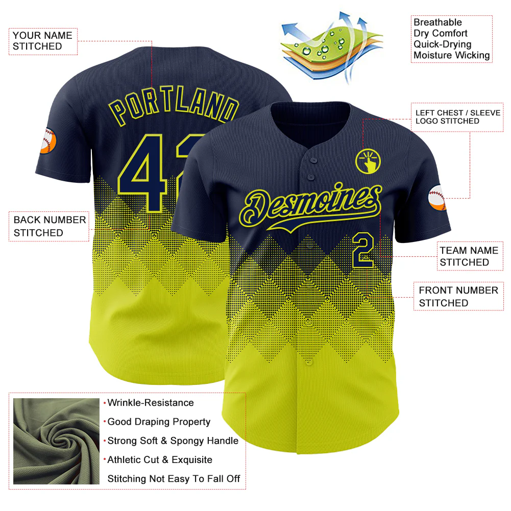 Custom Navy Neon Yellow 3D Gradient Square Shape Authentic Baseball Jersey - Image 3