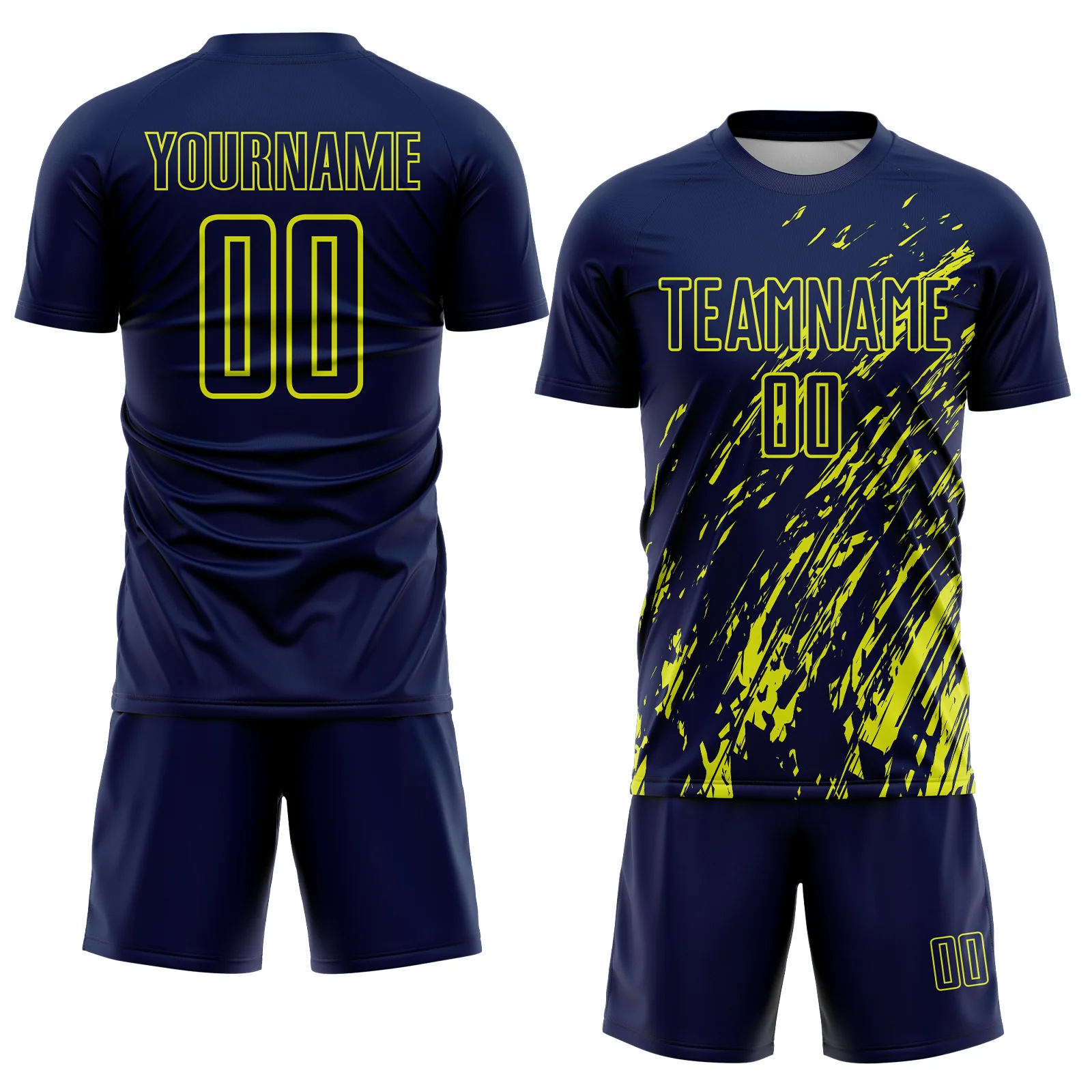 Custom Navy Neon Yellow Splash Sublimation Soccer Uniform Jersey - Image 2