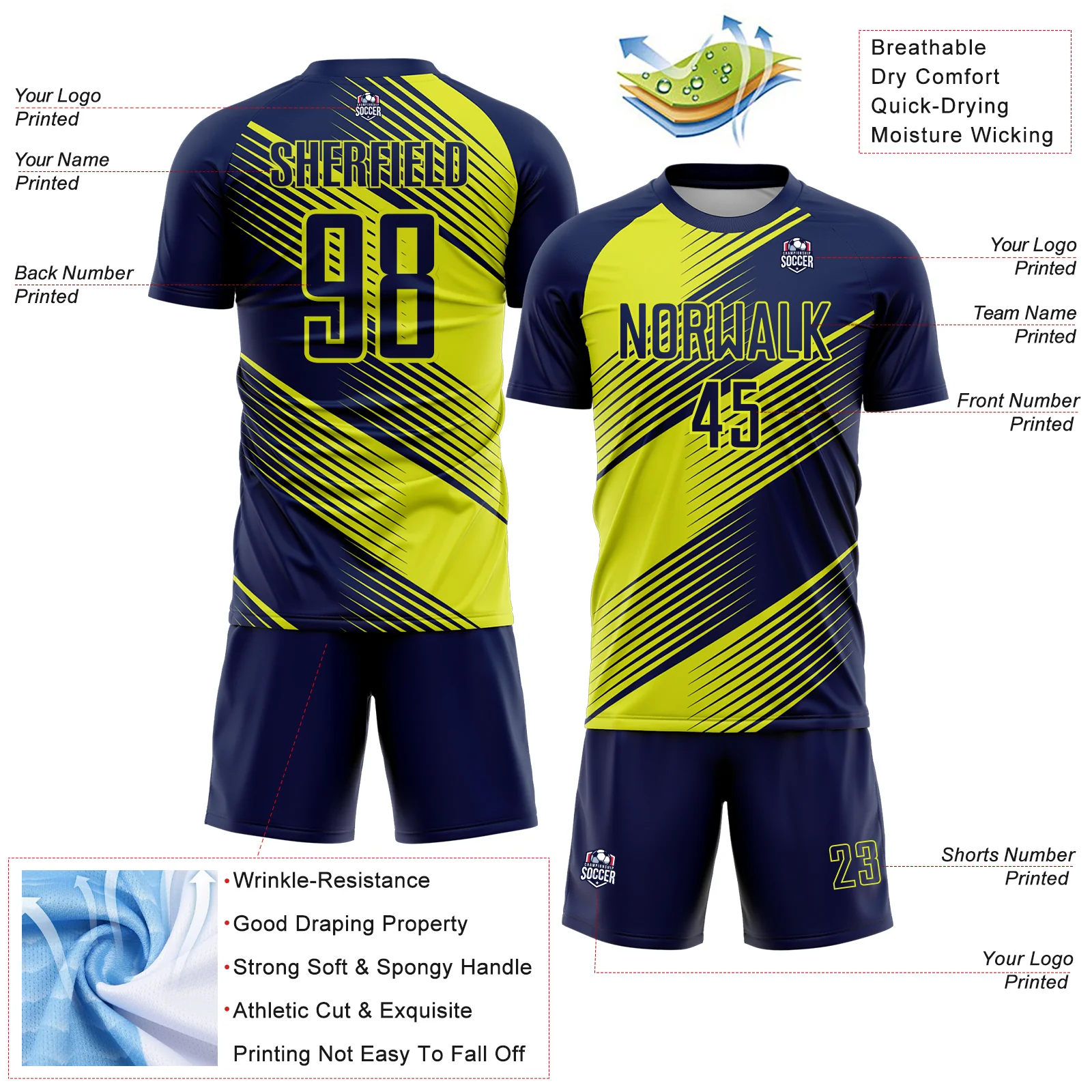 Custom Navy Neon Yellow Line Sublimation Soccer Uniform Jersey - Image 4
