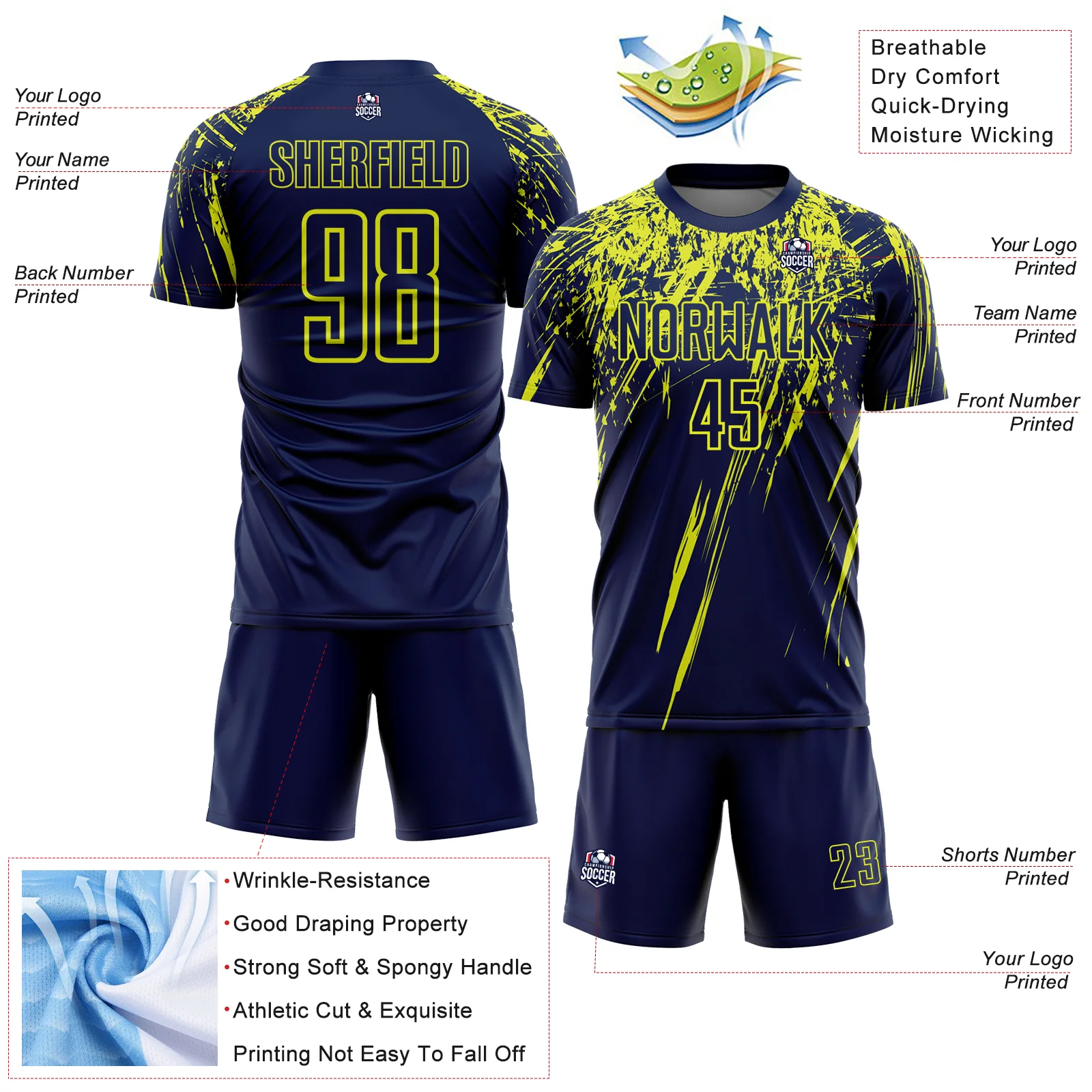 Custom Navy Neon Yellow Splash Sports Sublimation Soccer Uniform Jersey - Image 4