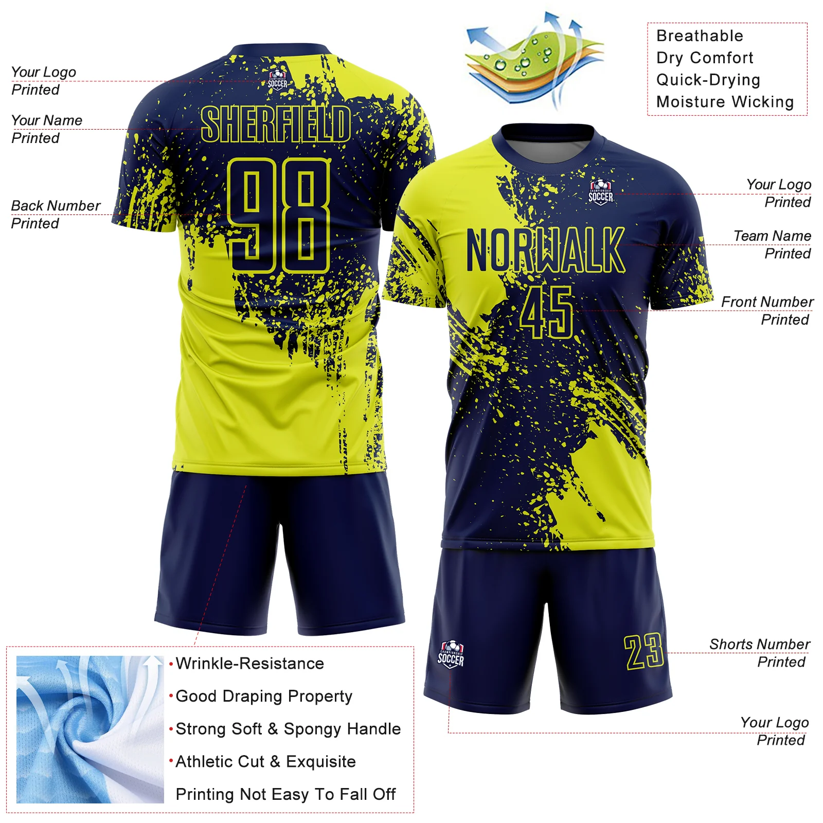 Custom Navy Neon Yellow Abstract Brush Stroke Sports Sublimation Soccer Uniform Jersey - Image 4